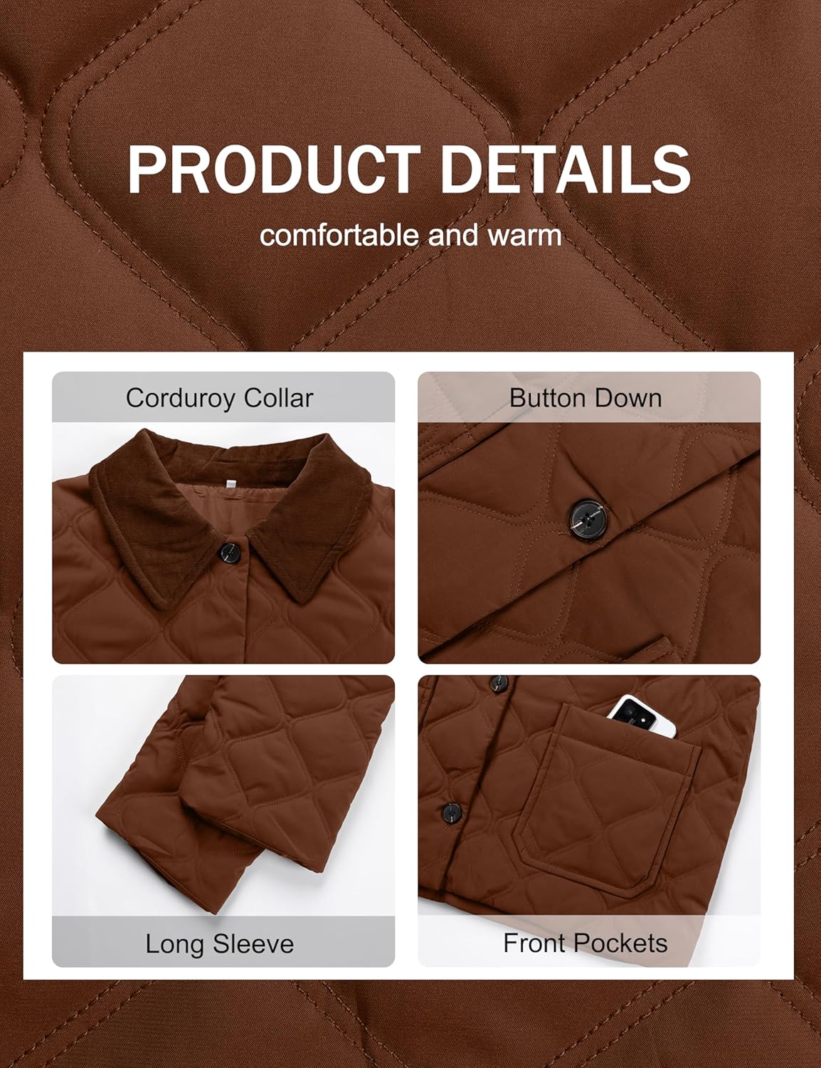 Lviefent Womens Quilted Jacket Lightweight Button Down Puffer Jacket Corduroy Collar Padded Coat Outwear with Pockets - Image 6