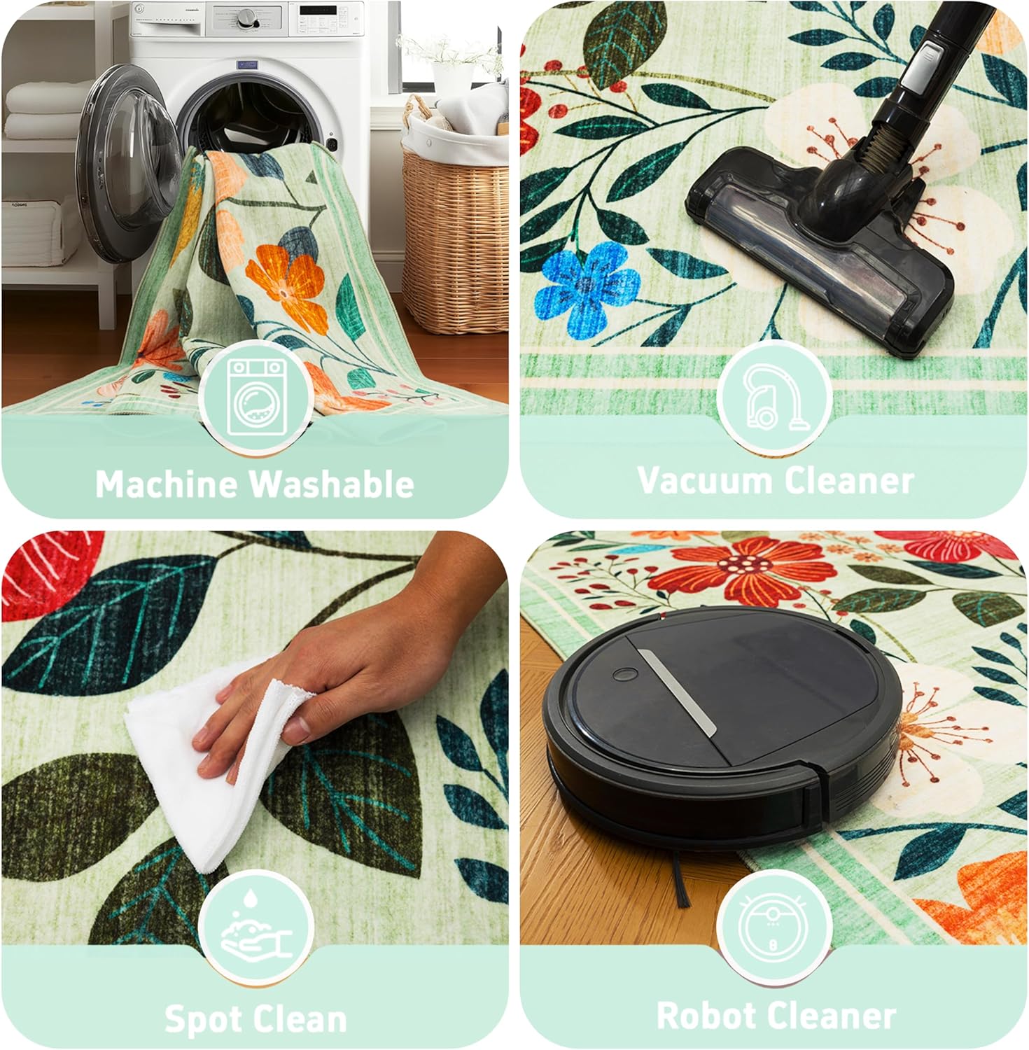 Ruaruarug Area Rugs Floral, Non-Slip Machine Washable Wear-Resistant, Ultra Soft for Living Room/Bedroom/Kitchen/Classroom Flower Green, 2'×3'