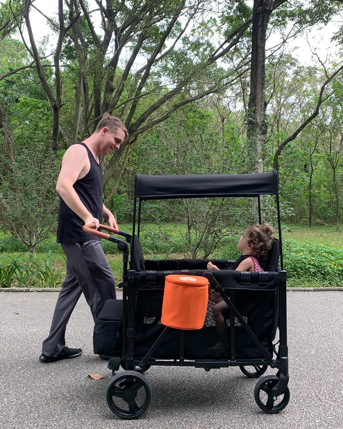 Stroller Wagon with Adjustable Handle Includes Canopy & Organizer, Foldable and Convenient for Storage (Black)