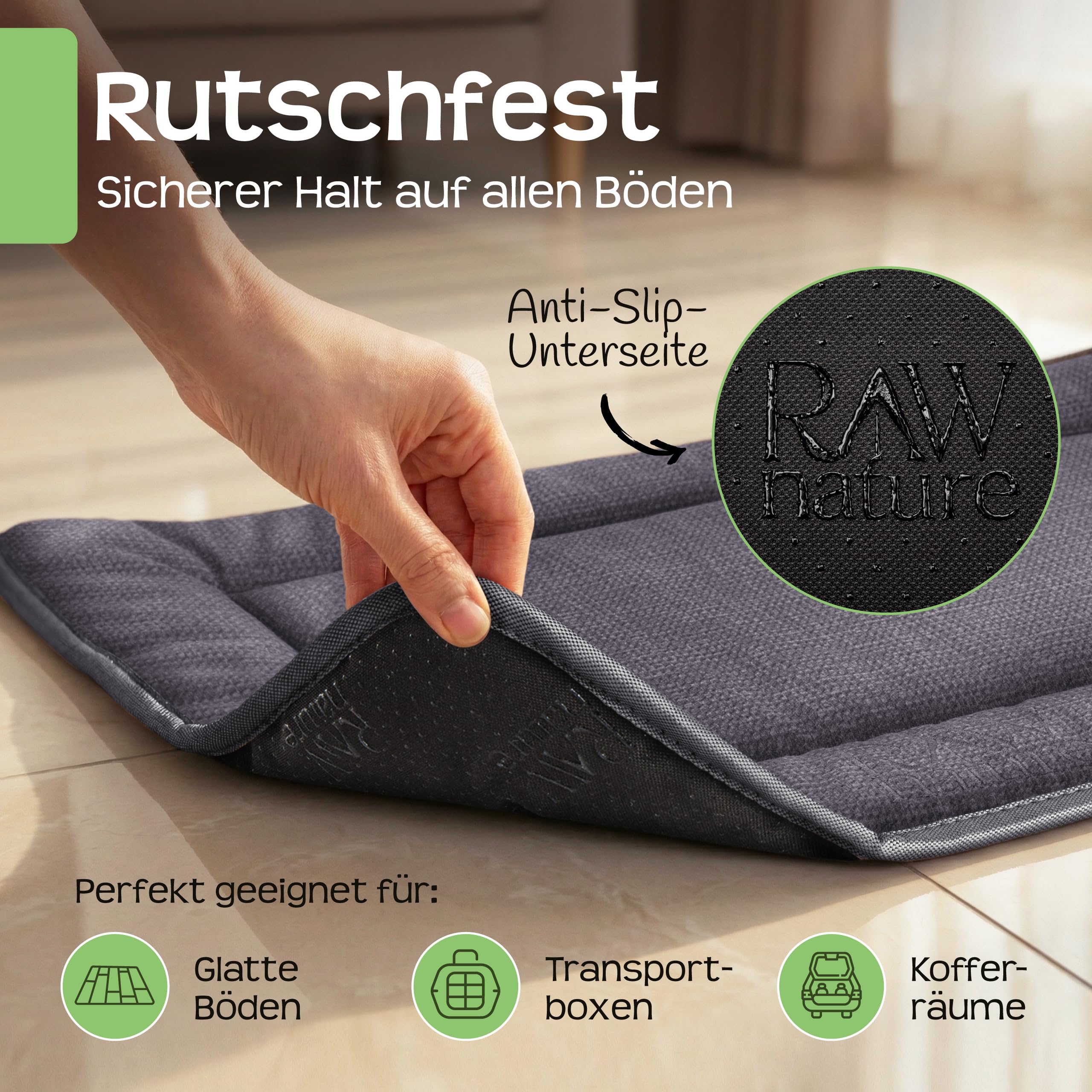 RAW Nature KIVO Hundematte L, 90x65x3cm, Alpengrau, rutschfest | Großzügige Liegefläche für mittelgroße Hunde, Cord-Liegefläche, rutschfest, waschbar bei 30 °C, für Auto & Zuhause