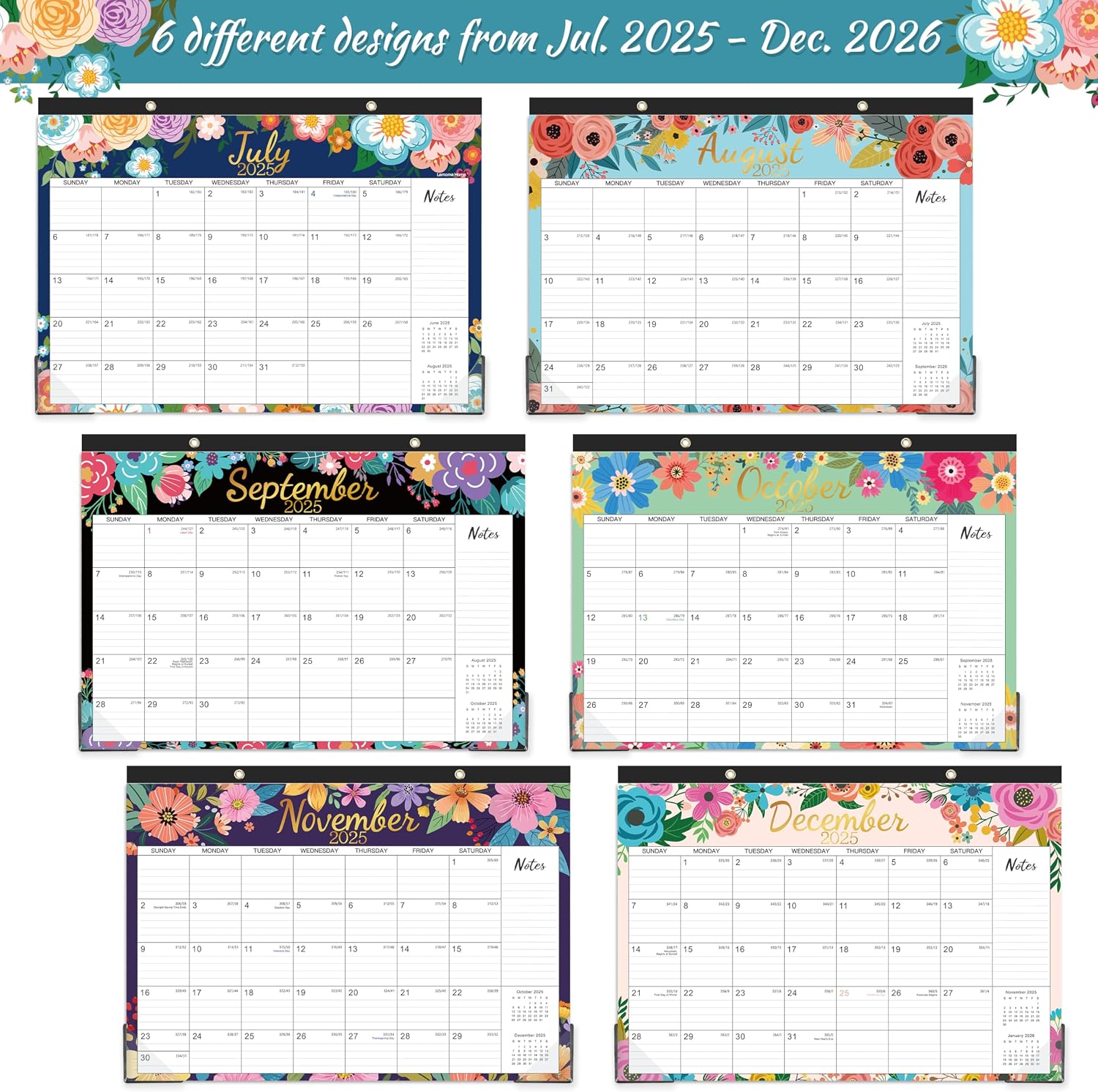 2025-2026 Desk Calendar - Desk Calendar 2025-2026 from JUL.2025 - DEC.2026, 17" x 12", 18 Monthly Desk/Wall Calendar 2-in-1, Thick Paper with 2 Corner Protectors, Large Unruled Blocks - Blue Floral