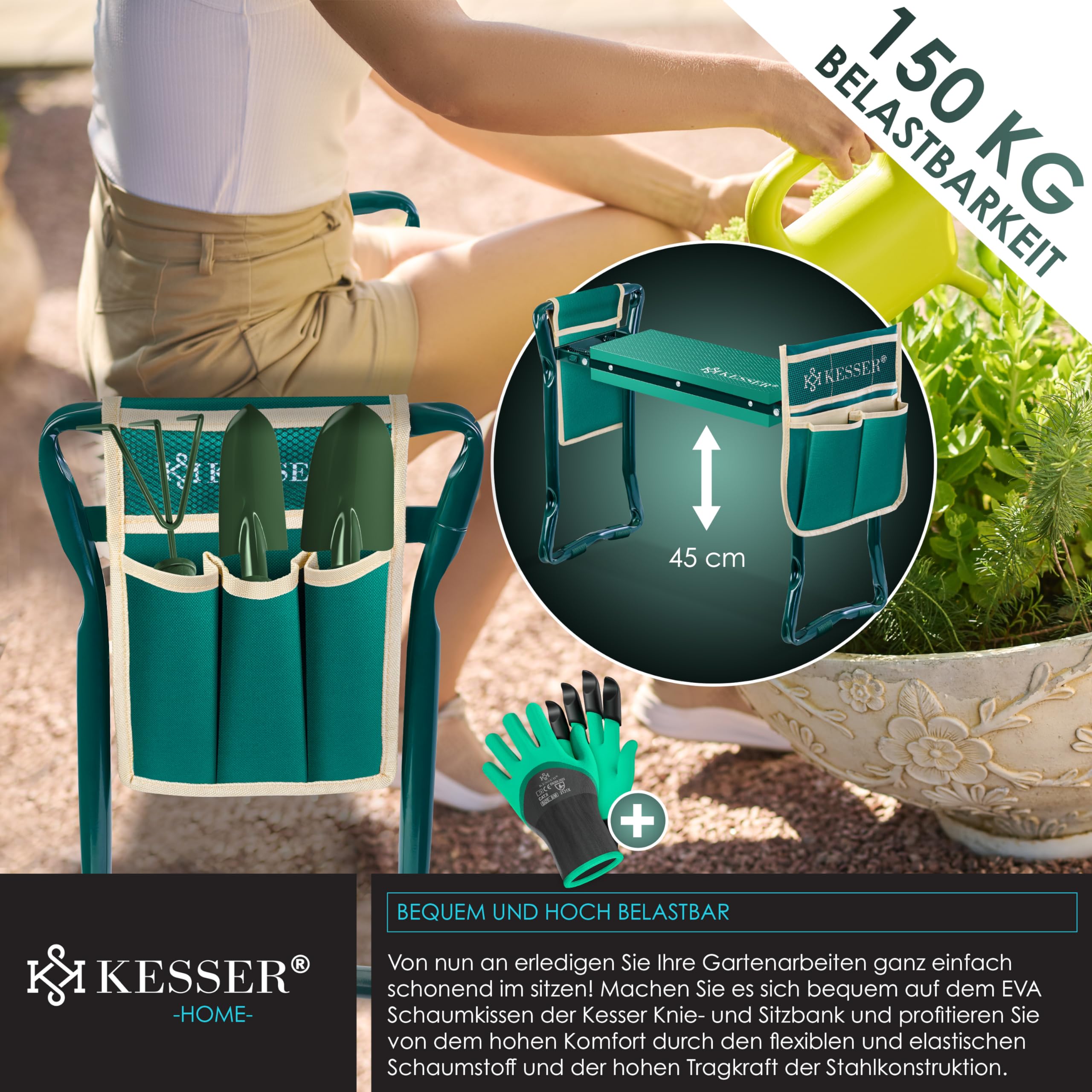 KESSER® Inginocchiatore 2 in 1 XXL per il giardinaggio Cuscino imbottito Cuscino in schiuma eva Sgabello da giardino Pieghevole Incl. 2 borse per attrezzi Panca da giardino Regolabile in altezza