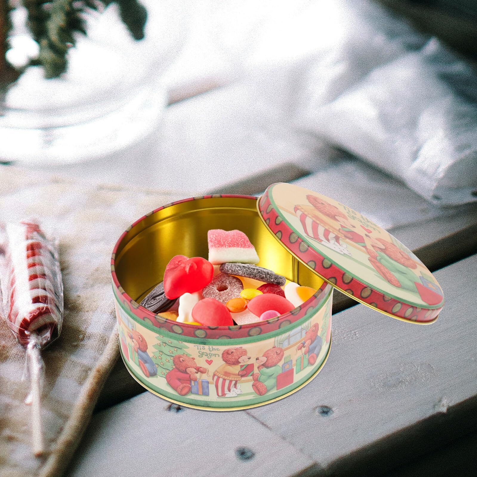 HOODANCOS Caja de Dulces Navideña de Hierro Pequeña 4 Piezas Diseño de Osos Estuche para Galletas y Snacks Adecuado para Fiestas de Navidad y Celebraciones