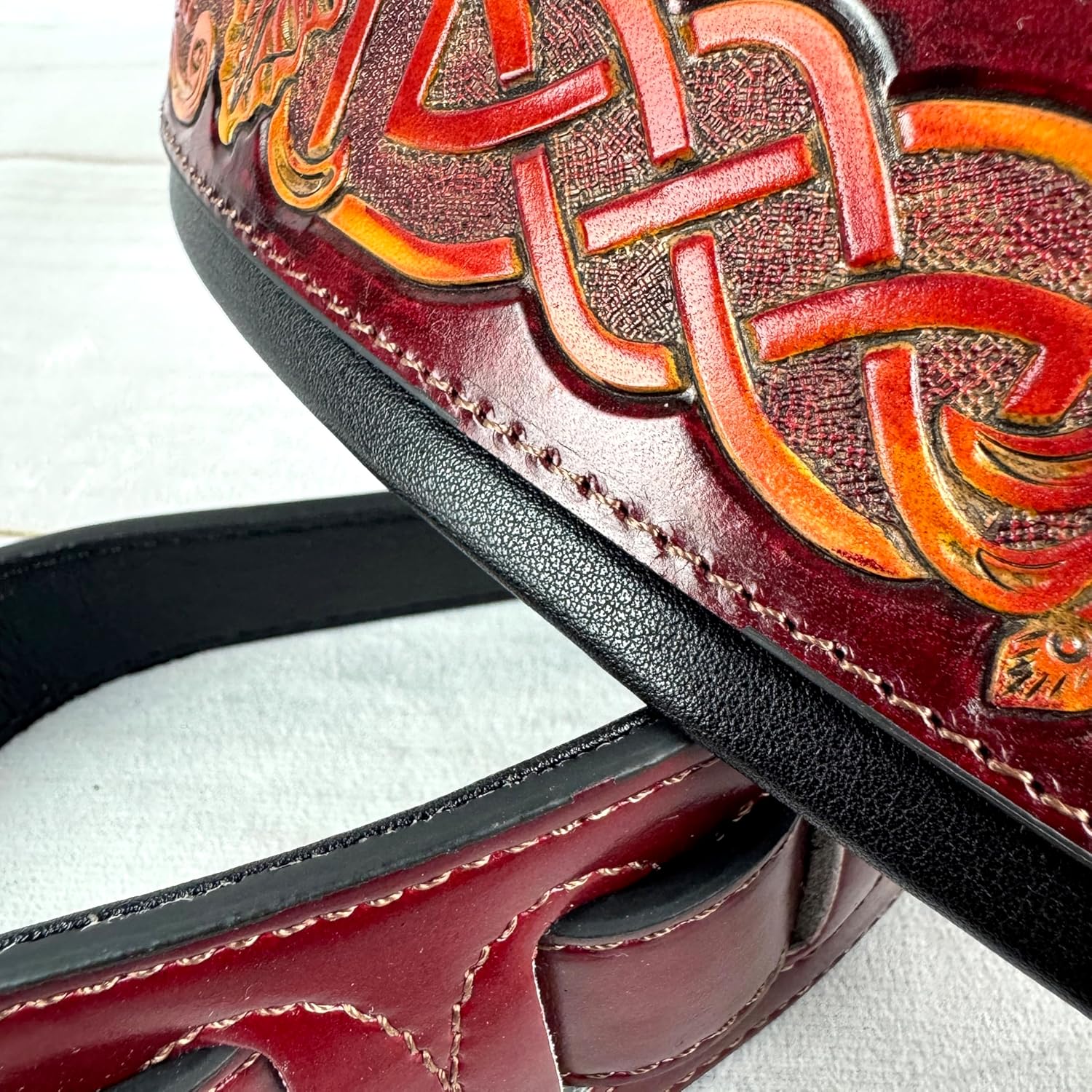 Walker And Williams KB-09 Whiskey Red Strap Body With Sunburst Celtic Knot Full Grain Carving Leather Padded Guitar Strap For Acoustic, Electric, And Bass Guitars