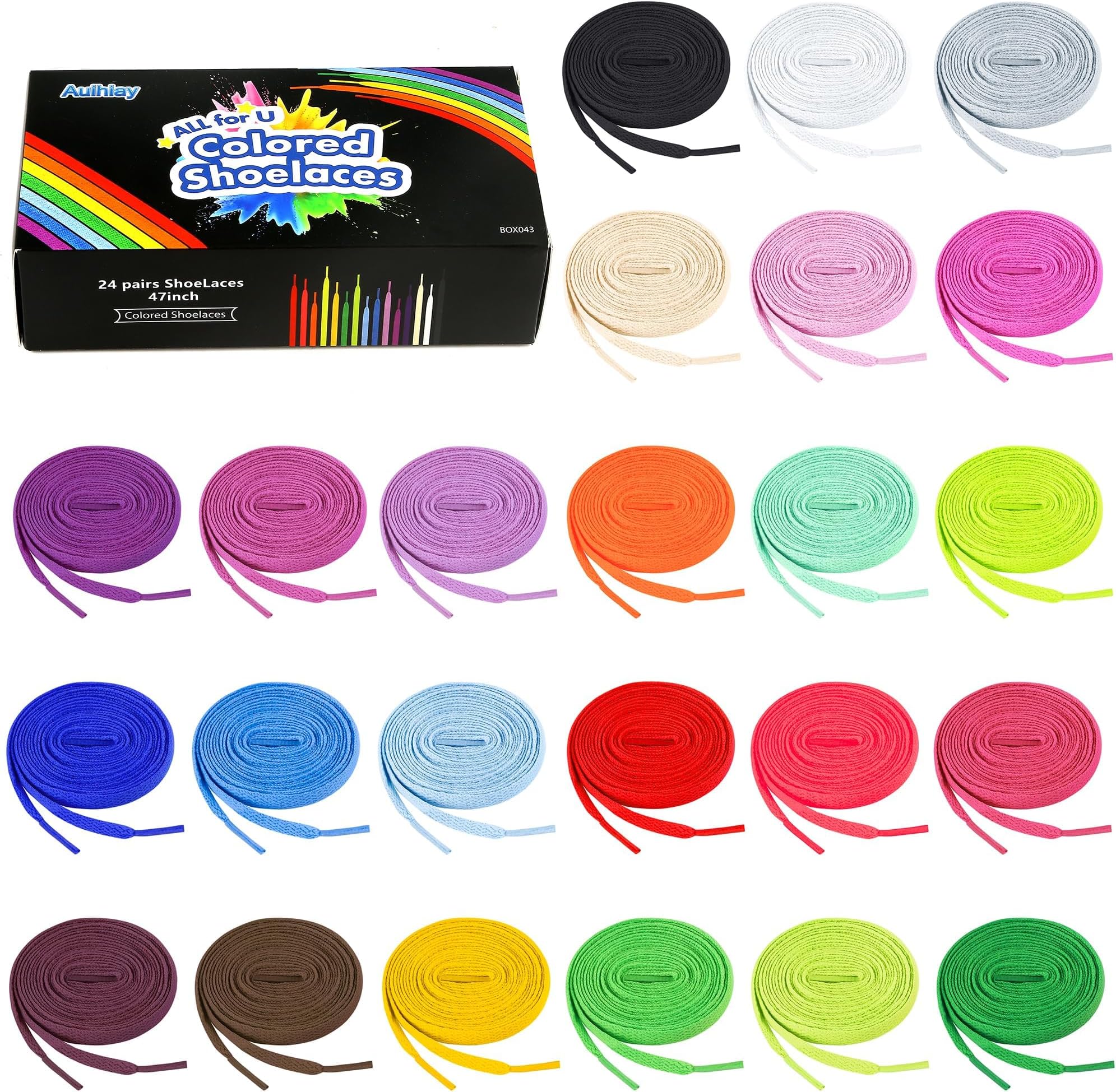 Auihiay 24 Pairs Flat Colored Shoelaces Shoestrings for Sneakers Skate Shoes Sport Shoes Boots