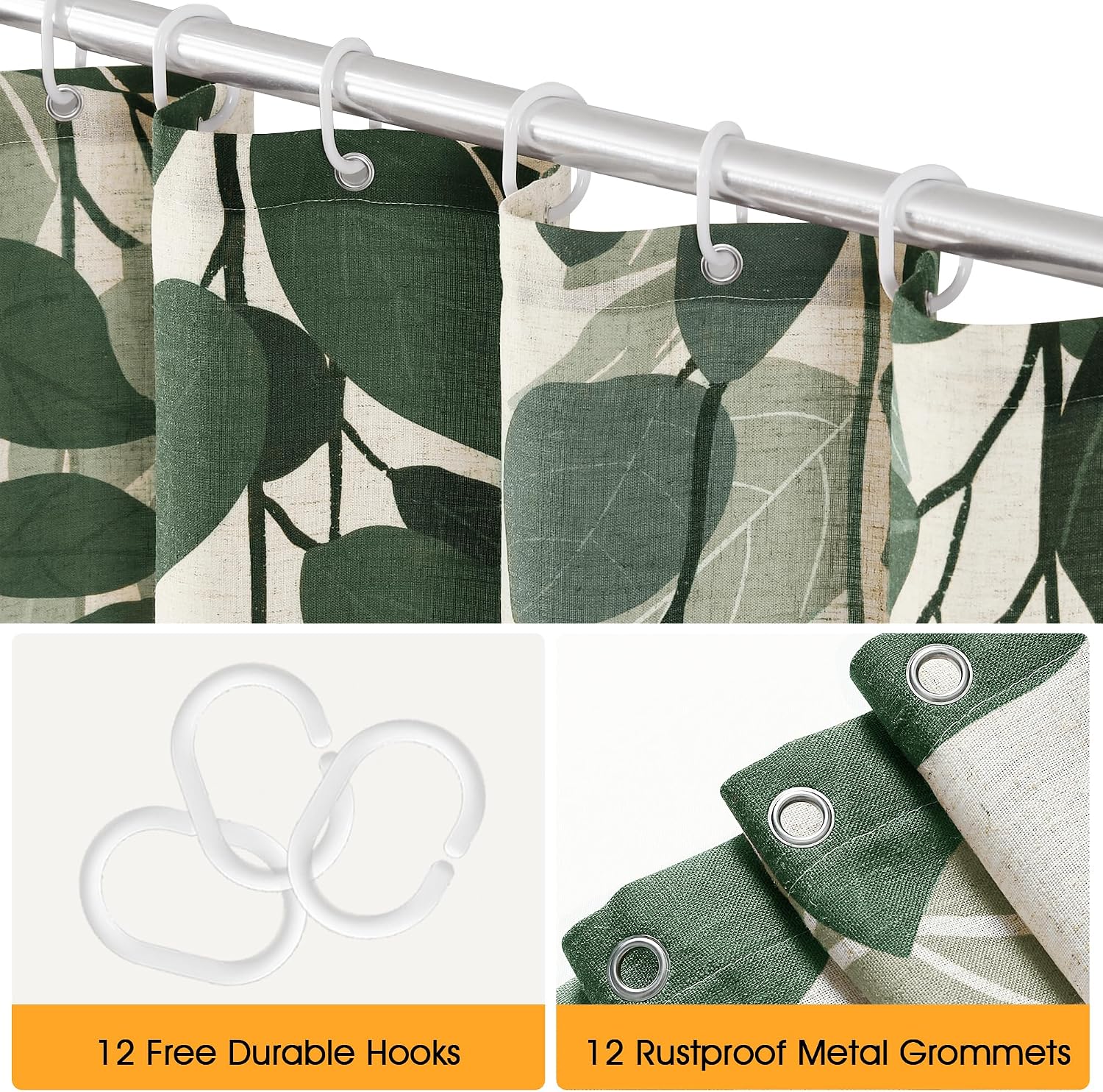 BOODII Hunter Green Linen Shower Curtain for Bathroom Eucalyptus Leaves Shower Curtain Set with Hooks Watercolor Plant Leaf for Bath Waterproof Fabric Bathroom Decor Dark Green, 72x72