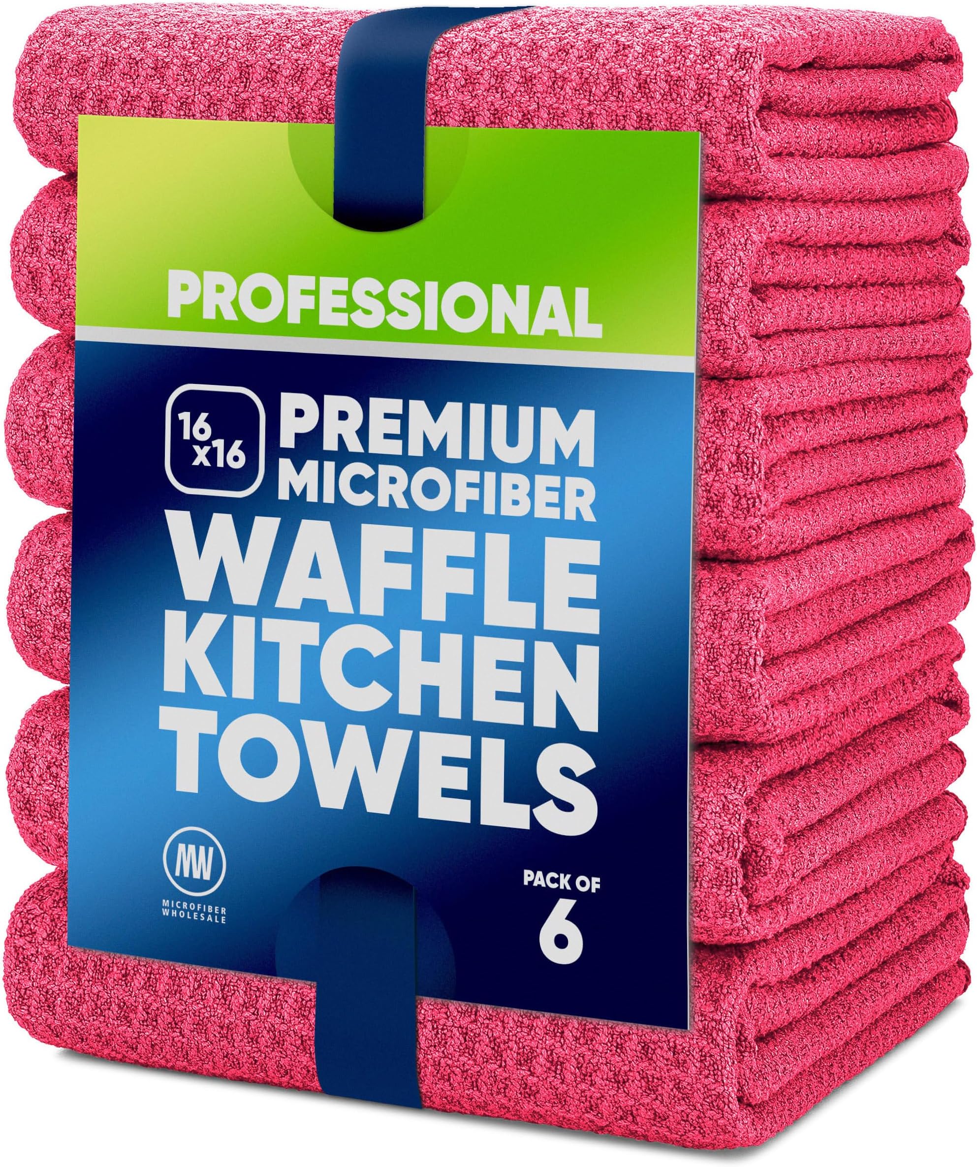 Kitchen Towels - Microfiber Waffle Weave Towels | Absorbent, No Lint, Thick, Reusable, Commercial, Soft, Hand, Tea, Glass, Bar, Sublimation Blank, Polyester Cloths (Red, 16 x 16 (6 Pack))