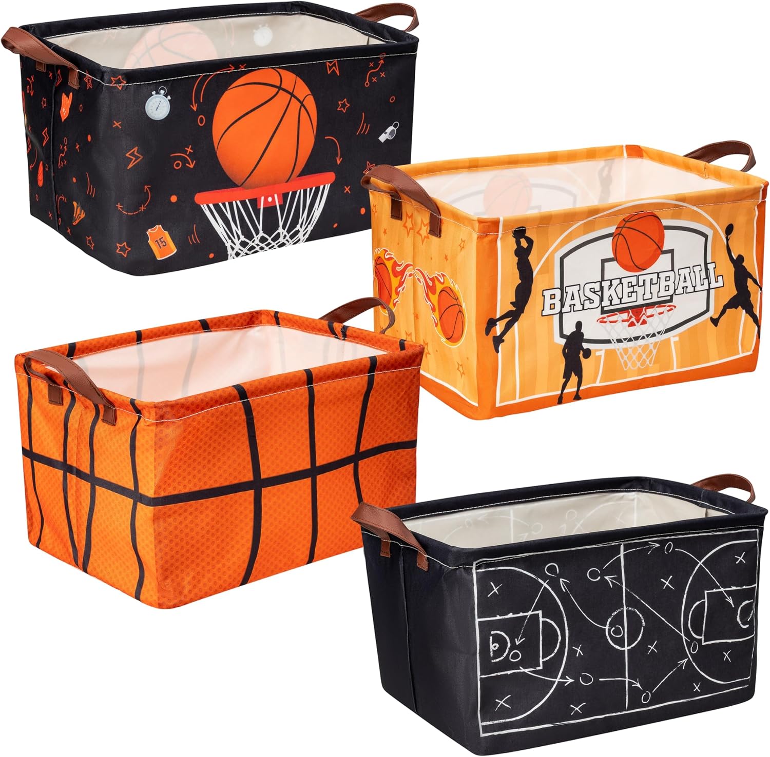 Basketball Storage Basket Bin - 4Pcs Balck Orange Large Fabric Organizer Toy Storage Bins with Handle Waterproof Collapsible Basket Closet Shelf Cloth Container for Nursery Boys Bedroom Home