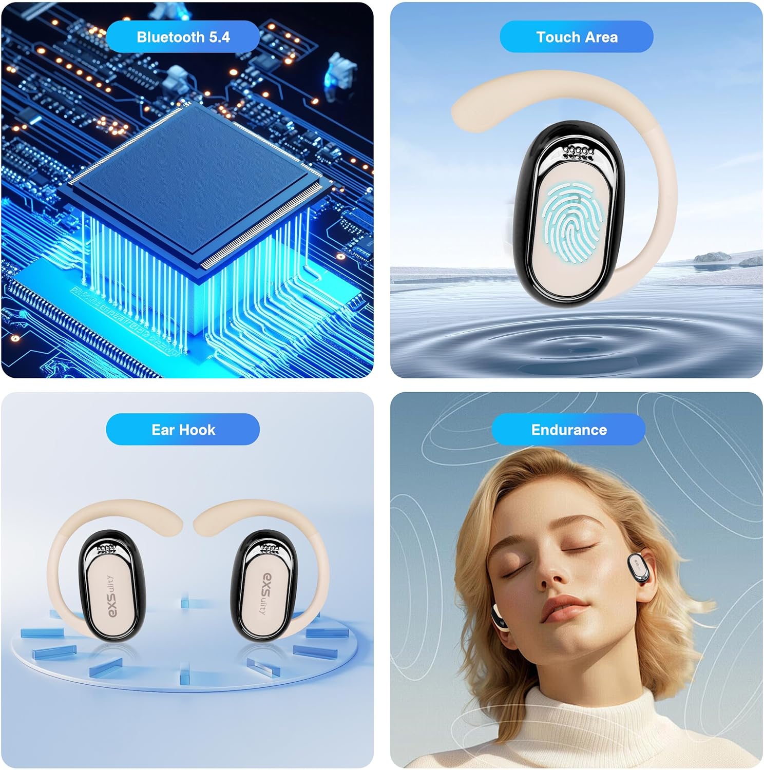 Close-up of K118 earbuds showing Bluetooth 5.4 chip, touch area, ear hook design, and a person wearing the earbuds.