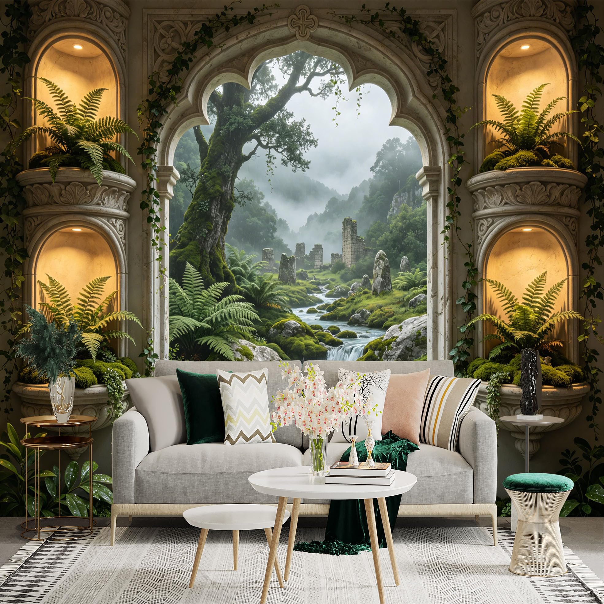 Lnzczhyre Dbh260521157 Custom Size Wall Sticker Mural， Ancient Stone Archway， Misty Forest Scenery， Hidden River With Mossy Rocks， For Wall Decoration， Peelandstick Wall Decals.
