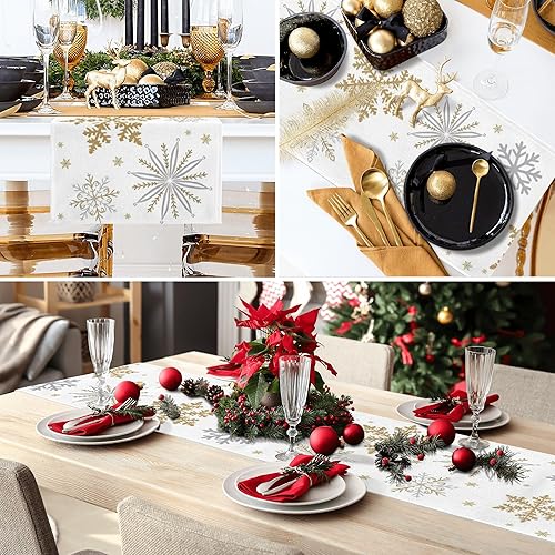 Miniatura 7 de FJPT Camino de mesa de Navidad con copos de nieve de oro blanco, decoración de Navidad para interiores y exteriores, cocina, comedor, sala de estar,