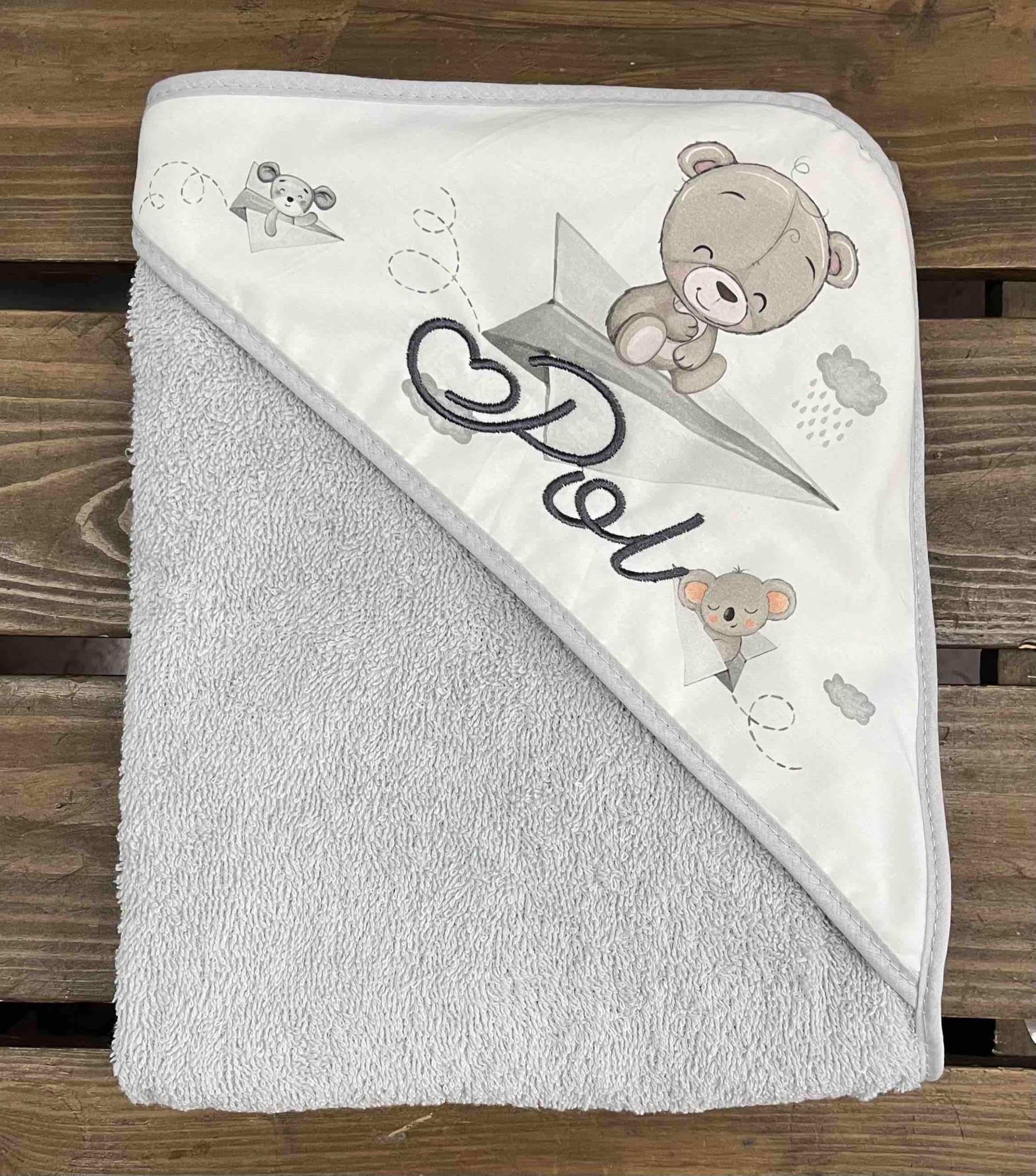 Danielstore Canastilla Bebé Personalizada | Set Regalo para Recién Nacido, 50% algodón 50% poliéster | Incluye manta, dou dou, toalla baño, babero Gris