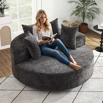 SLEERWAY 55"W Oversized Swivel Accent Chair, Large Barrel Chairs Upholstered Round Swivel Chair, Chenille Single Sofa Armchair, Modern Sleeper Chair for Living Room, Lounge and Projection Room, Black