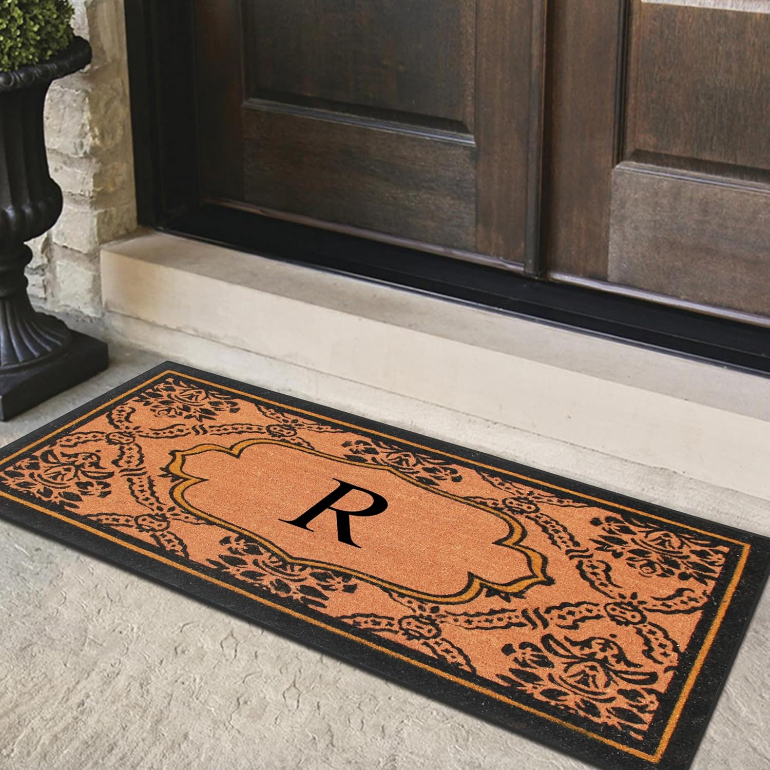 A1HC Natural Coir Monogrammed Doormat Anti-Shed Treated Durable Front Door Mat for Outside Entrance, Heavy Duty, Thin Profile, Easy to Clean, Long Lasting, Entrymat, 30" x 60" - R