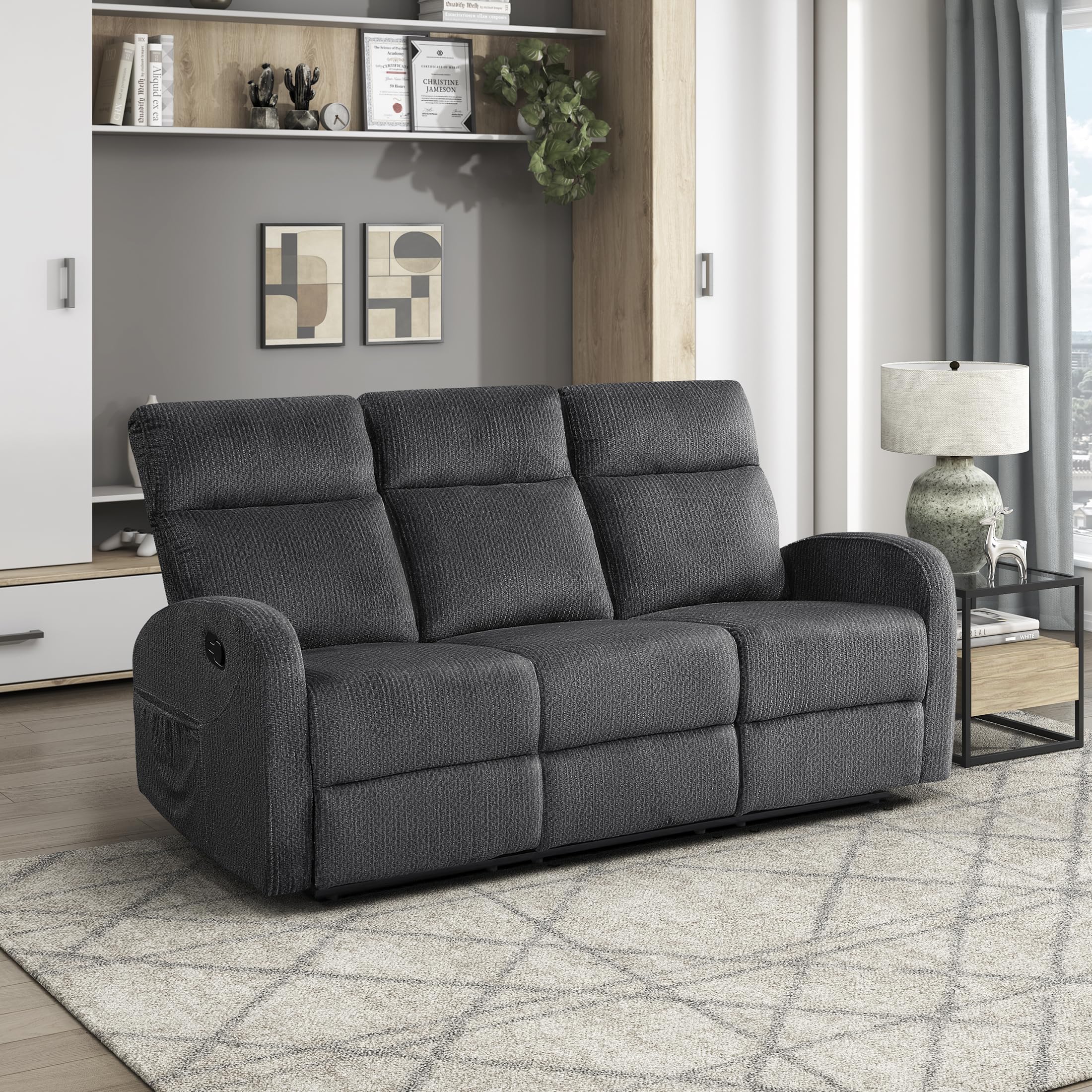 Lexicon Manual Reclining Sofa, Textured Microfiber Recliner Sofa, Wall Hugger, Track Arms, Magazine Pockets, Manual Dual Recliners Couch for Living Room/Office/Apartment, Easy Assembly, Dark Gray
