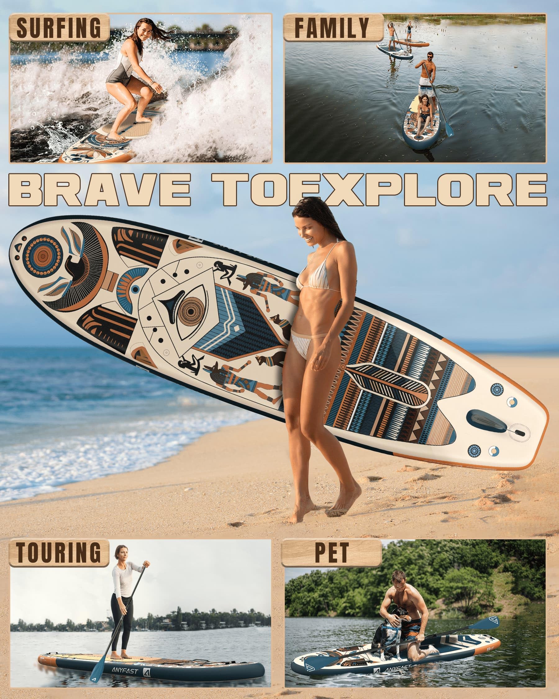 ANYFAST Inflatable Stand Up Paddle Boards - Extra Wide Fishing Paddleboard,Cool Design,Ultra Stable Standup SUP,15 D-Rings,5 Handles, Camera Mount,100L Backpack,10L Dry Bag, Youth/Adults