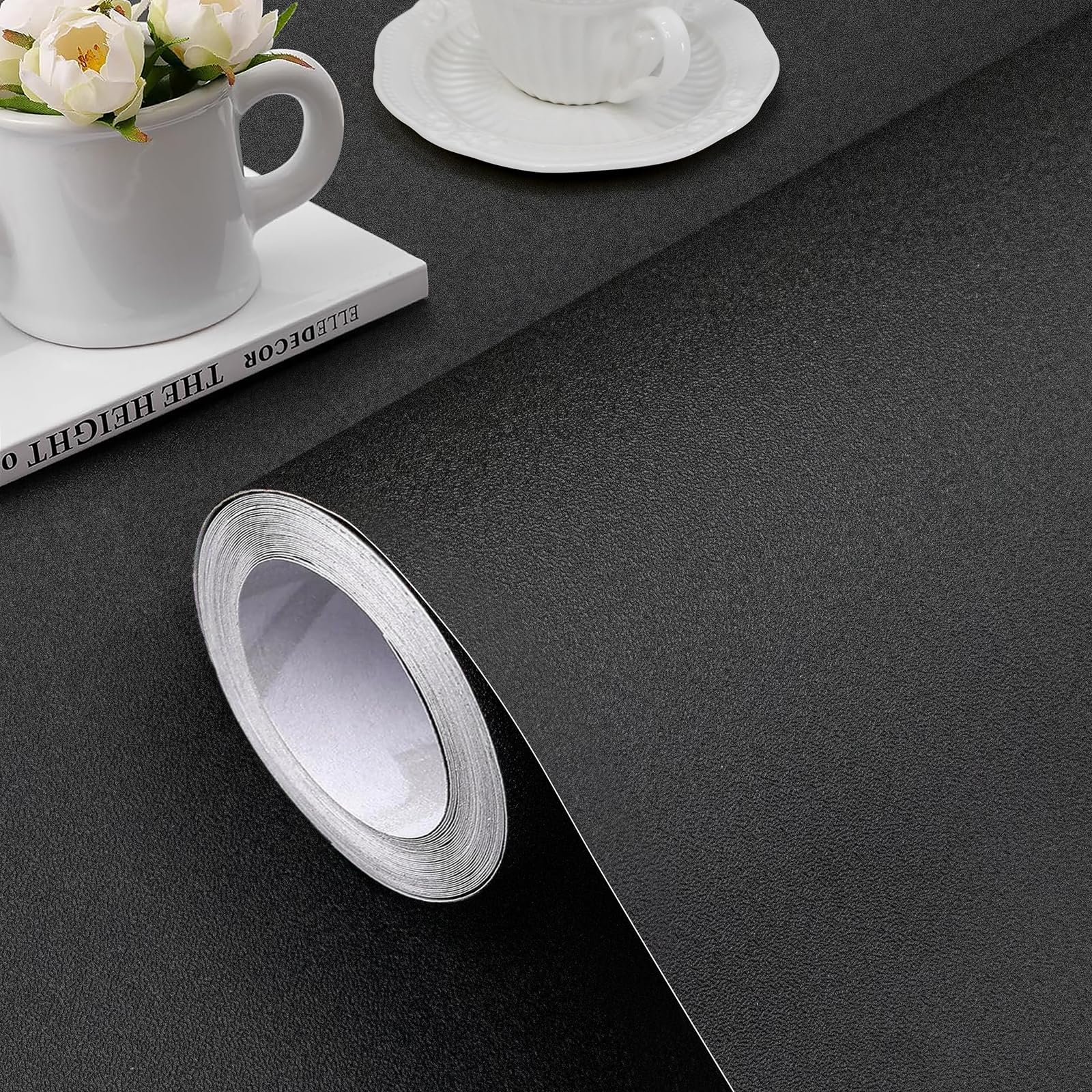 Jeweluck Black Wallpaper Peel and Stick Wallpaper Pure Contact Paper 15.7inchx118.1inch Black Wall Paper Peel and Stick Matte Removable Self Adhesive Solid Waterproof Vinyl for Cabinets Decorative