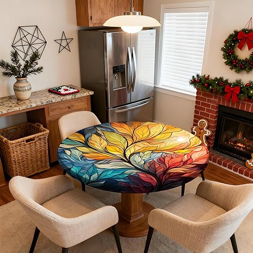 Mantel redondo ajustable con borde elástico, mantel de hojas coloridas abstractas, impermeable, lavable, para mesas redondas, ideal para picnic,