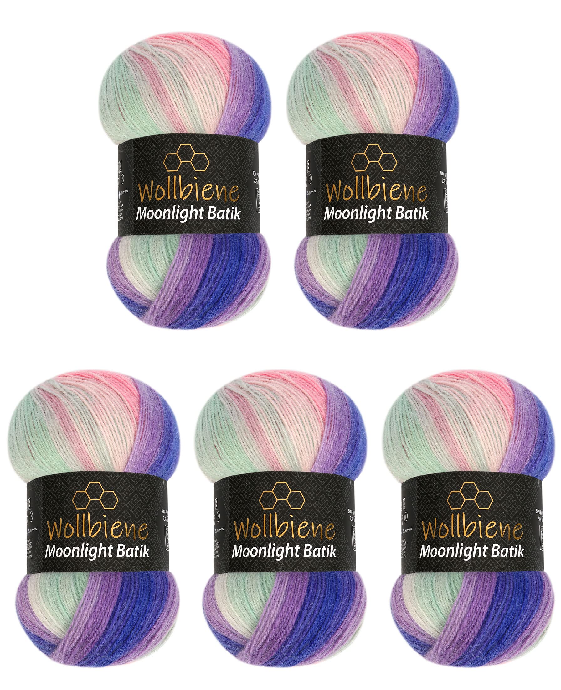 WollbieneMoonlight Batik 5 x 100 g Knitting Wool 500 g Wool for Knitting and Crocheting 20% Wool Turkish Wool Gradient Wool Knitting Wool (3090 Purple Green Pink)