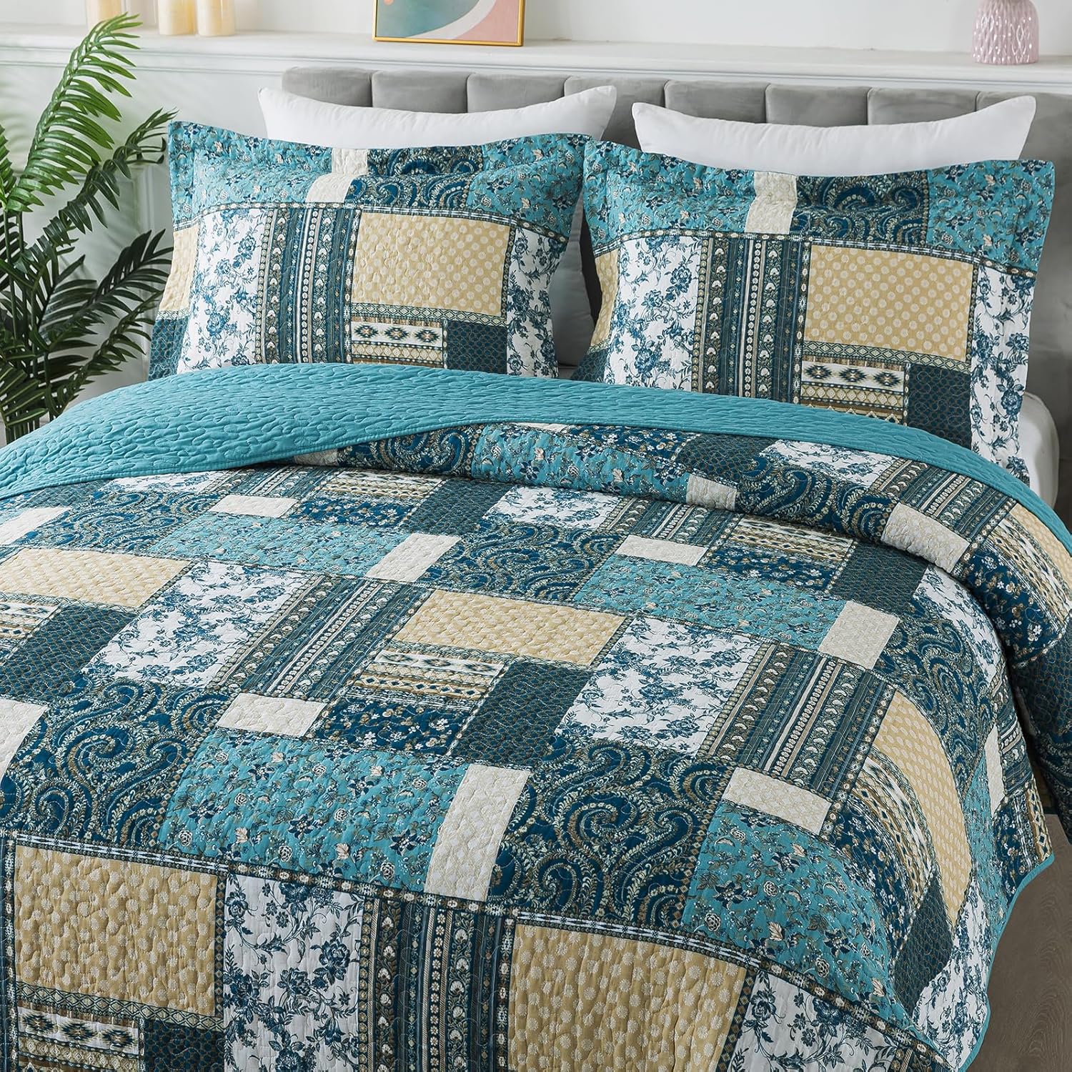 BEDIFANY Cotton King Size Quilt Set, Lightweight Bedspread King Size Coverlet Boho King Quilt, Soft Farmhouse King Quilt Bedding Sets for Bed Decorations for All Seasons (3 Pieces, Blue) - Image 2