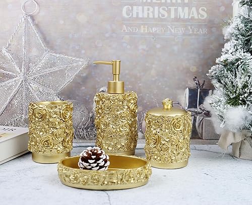 Miniatura 2 de Hymmah Juego de accesorios de baño dorados, juego de baño de diseño rosa, decoración de baño de granja, juego de regalo de resina de 4 piezas,