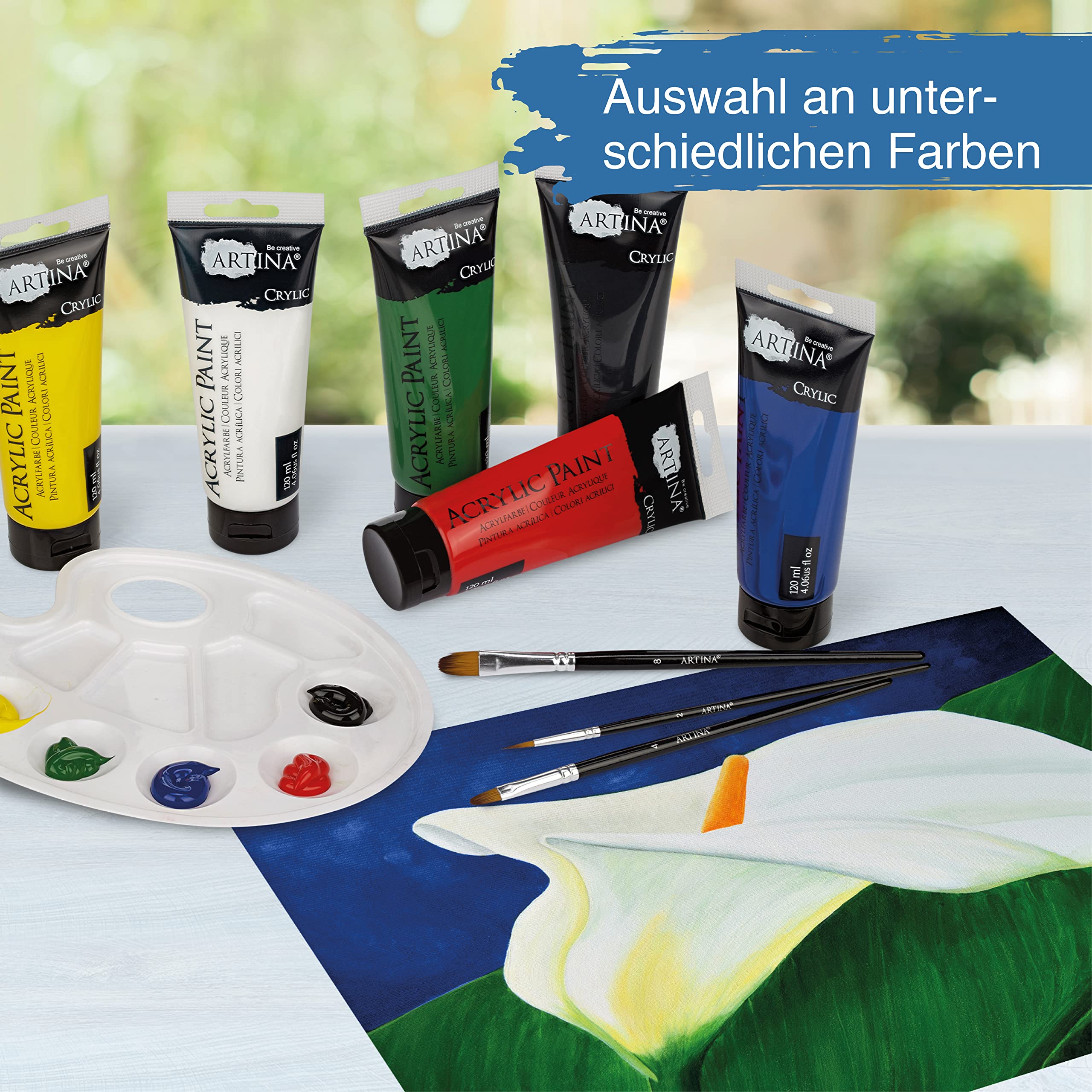 Artina 24er Acrylfarben Set Künstlerfarben Grundfarben Tuben wasserfest
