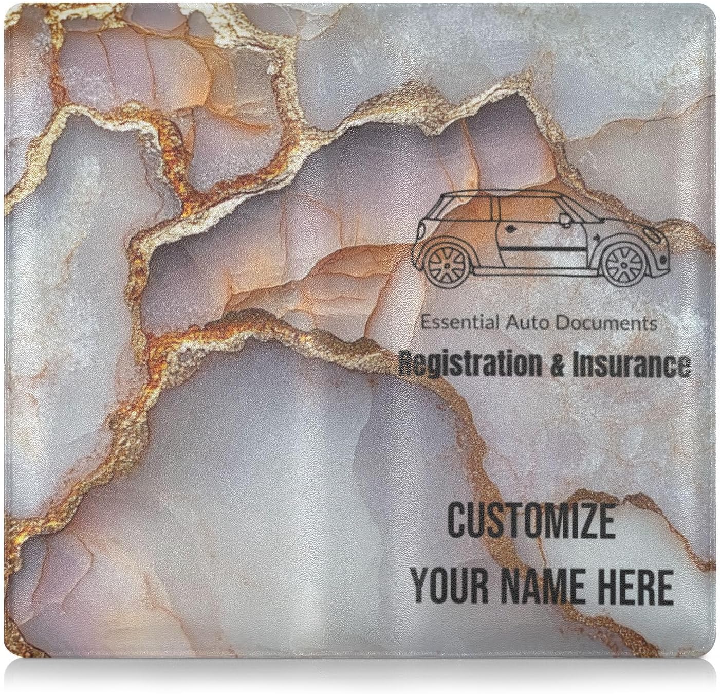 Custom Premium Leather Car Registration and Insurance Holder Personalized Men Women Vehicle Glove Box for any Car, Truck, Motorcycle, Trailer or Boat Marble Rose Gold White