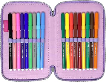 Clondo 3 Compartment 3D Girls Pencil Case for Stitch and Angel Fans Triple Filled, 44 School Accessories, 3 Zippers, 20 cm, Colored Pencils, Markers