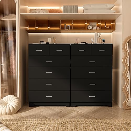 Vista 2 de Cómoda con tomas de corriente, cómoda de madera con 6 cajones grandes, organizador de almacenamiento alto con riel de metal liso, cómoda moderna