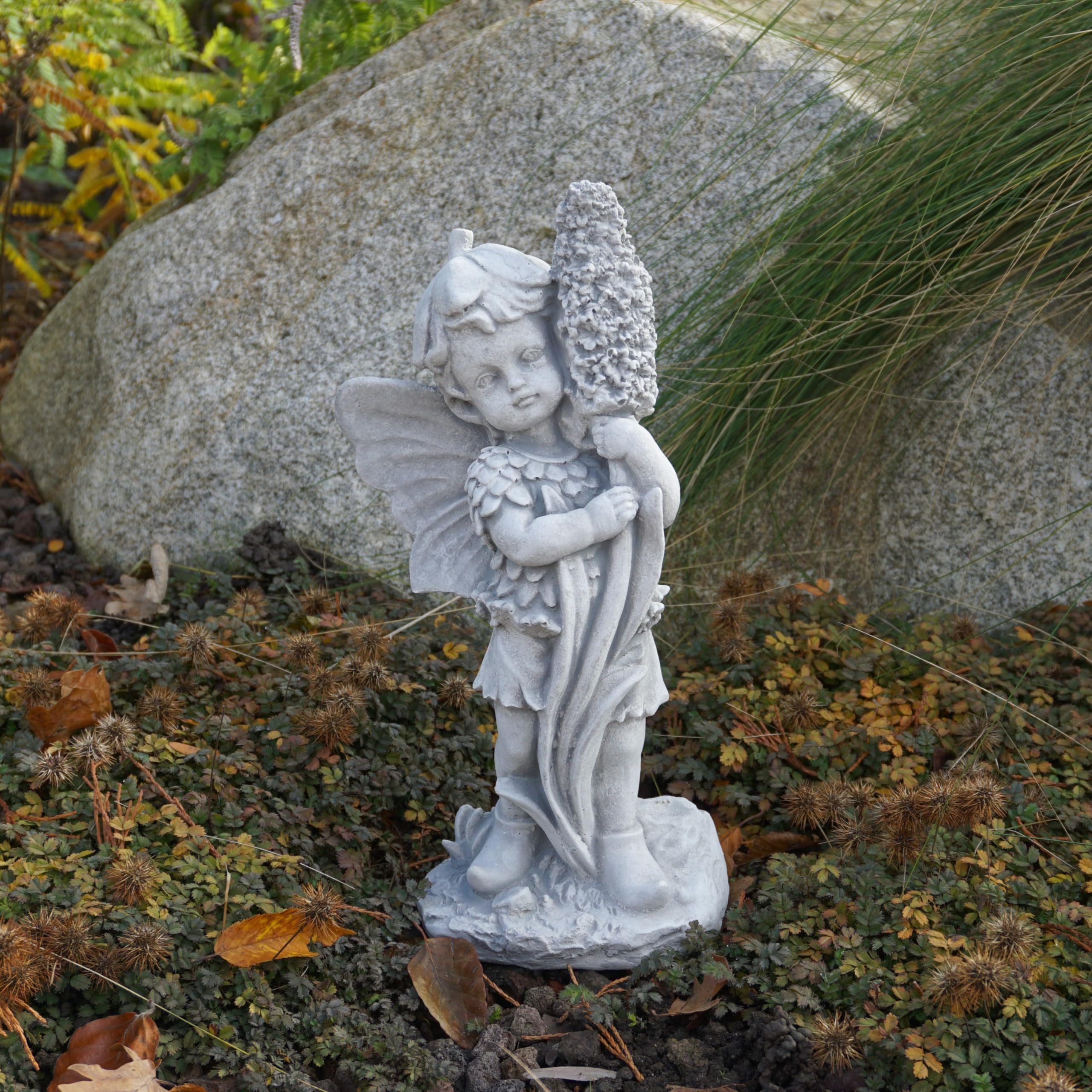 gartendekoparadies.de Elfe mit Hyazinthe, Steinfigur, Grau, Frostsicher aus Steinguss für Außenbereich, H. 32 cm, 3 kg