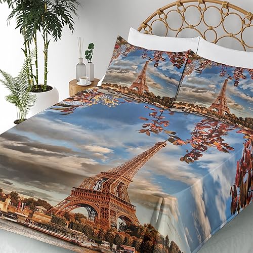 Miniatura 5 de Ambesonne Juego de sábanas de la Torre Eiffel, Torre Eiffel, barco, Sena y nubes, destino turístico, sábana bajera y encimera con fundas de