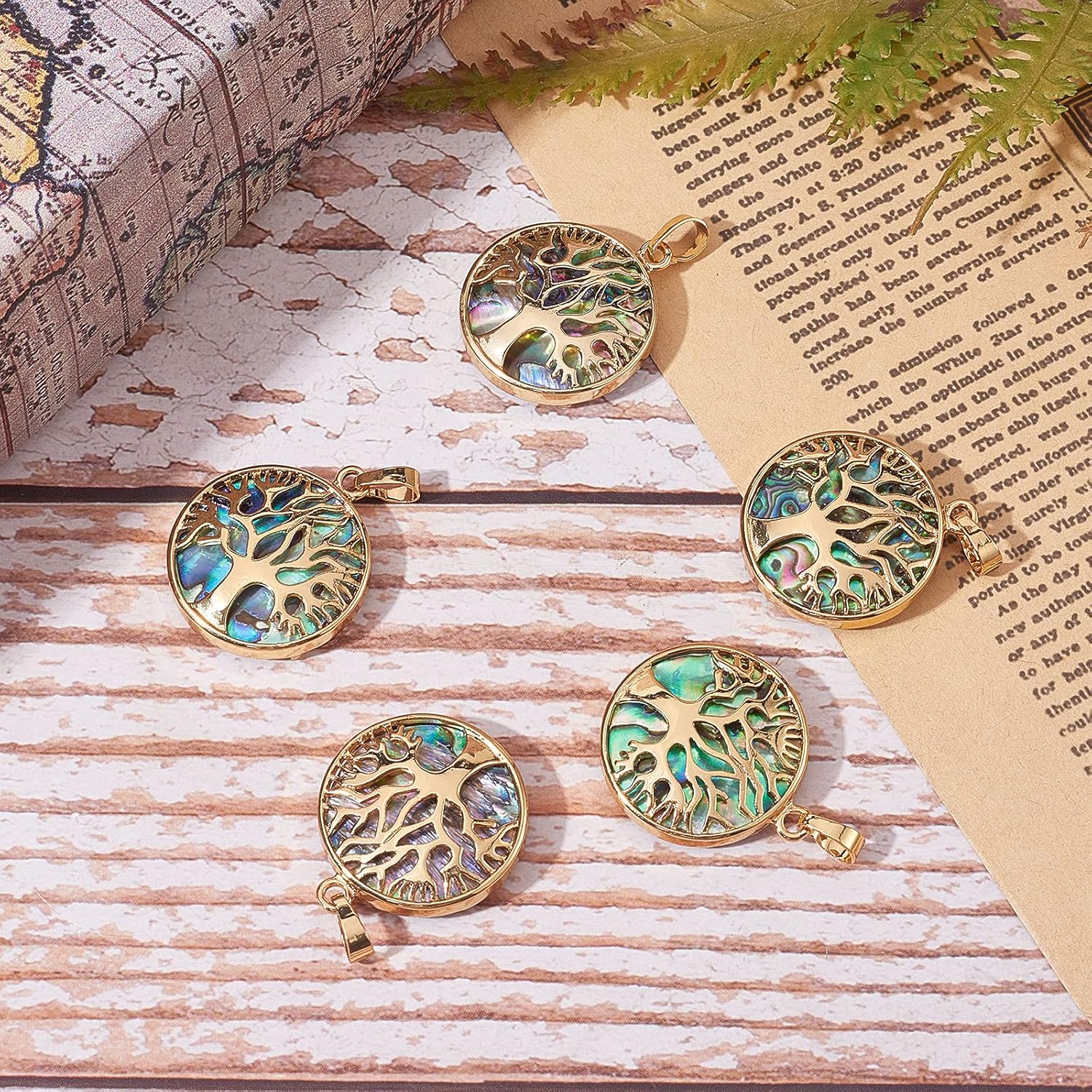 LiQunSweet 5 Pcs Natural Abalone Paua Shell Tree of Life Pendants with Brass Findings for Women Men Necklace Jewelry Making DIY Craftings - 31.5x27.5x6mm