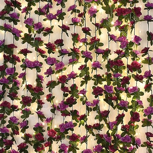 Miniatura 3 de BLEUM CADE 2 guirnaldas de flores moradas de 16.4 pies y 5 hebras de 41 pies, guirnalda de flores moradas falsas con tira de luces