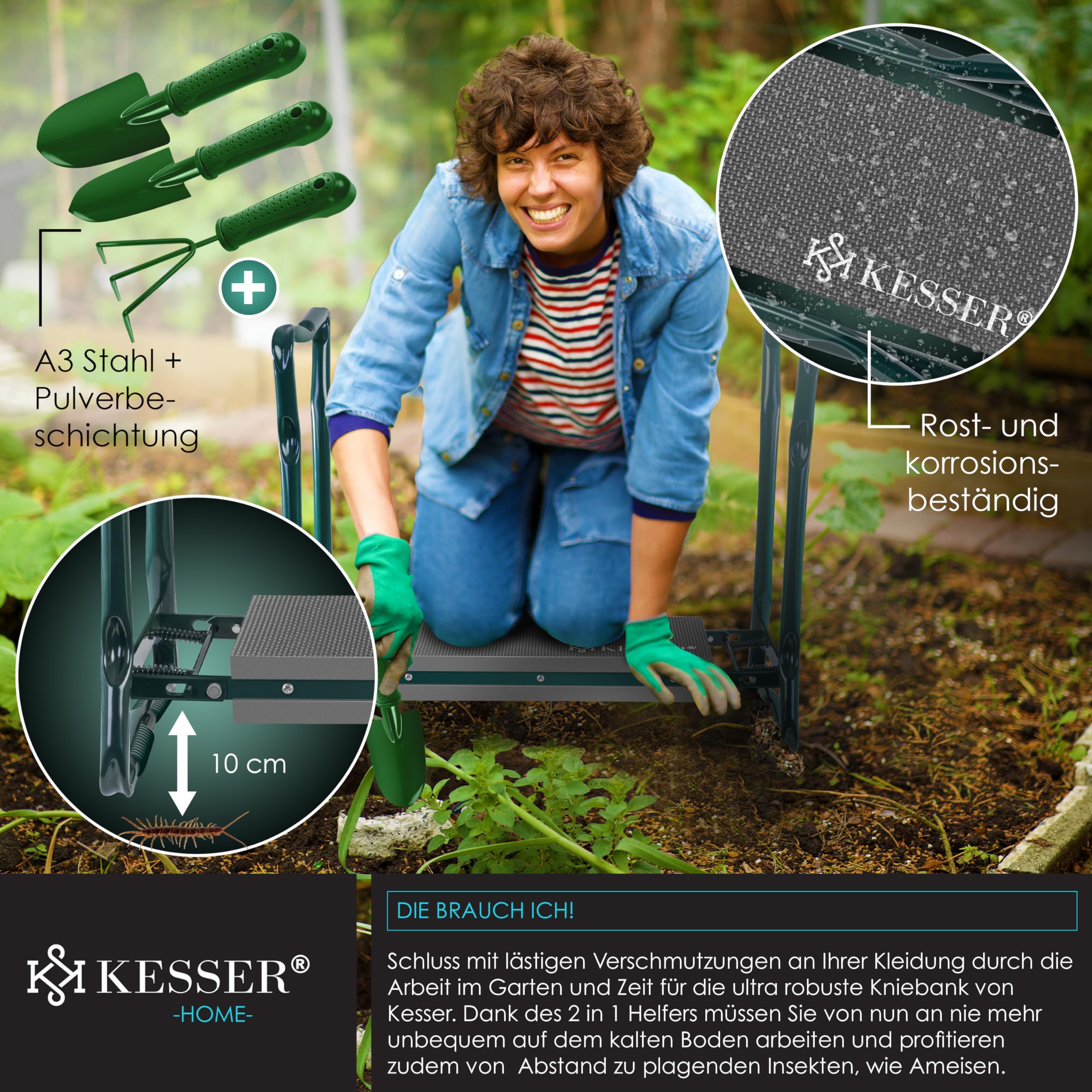 KESSER® 2 en 1 XXL Genouillère de Jardin Rembourrée Coussin d'assise avec 2X Trousses à Outils Banc de Jardin Réglable en Hauteur 60 x 50 x 27 cm jusqu'à 150 kg, Anthracite Orange
