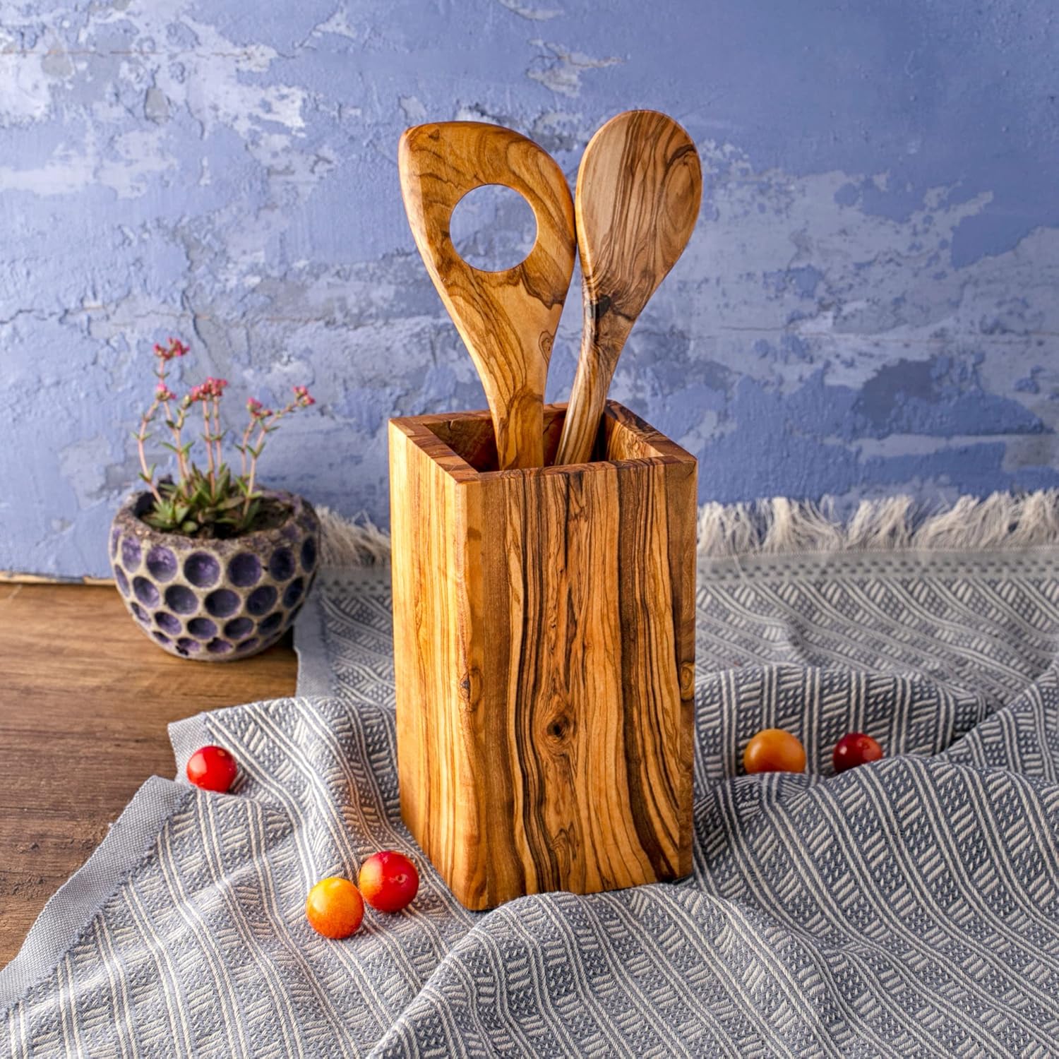 Forest Decor Olive Wood Large Utensil Holder - 6 x 4 Wooden Kitchenware Organizer - Rustic Utensil Holder - Handmade Spoons Holder for Countertop - Cooking Utensil Crock - Kitchen Tool & Accessories