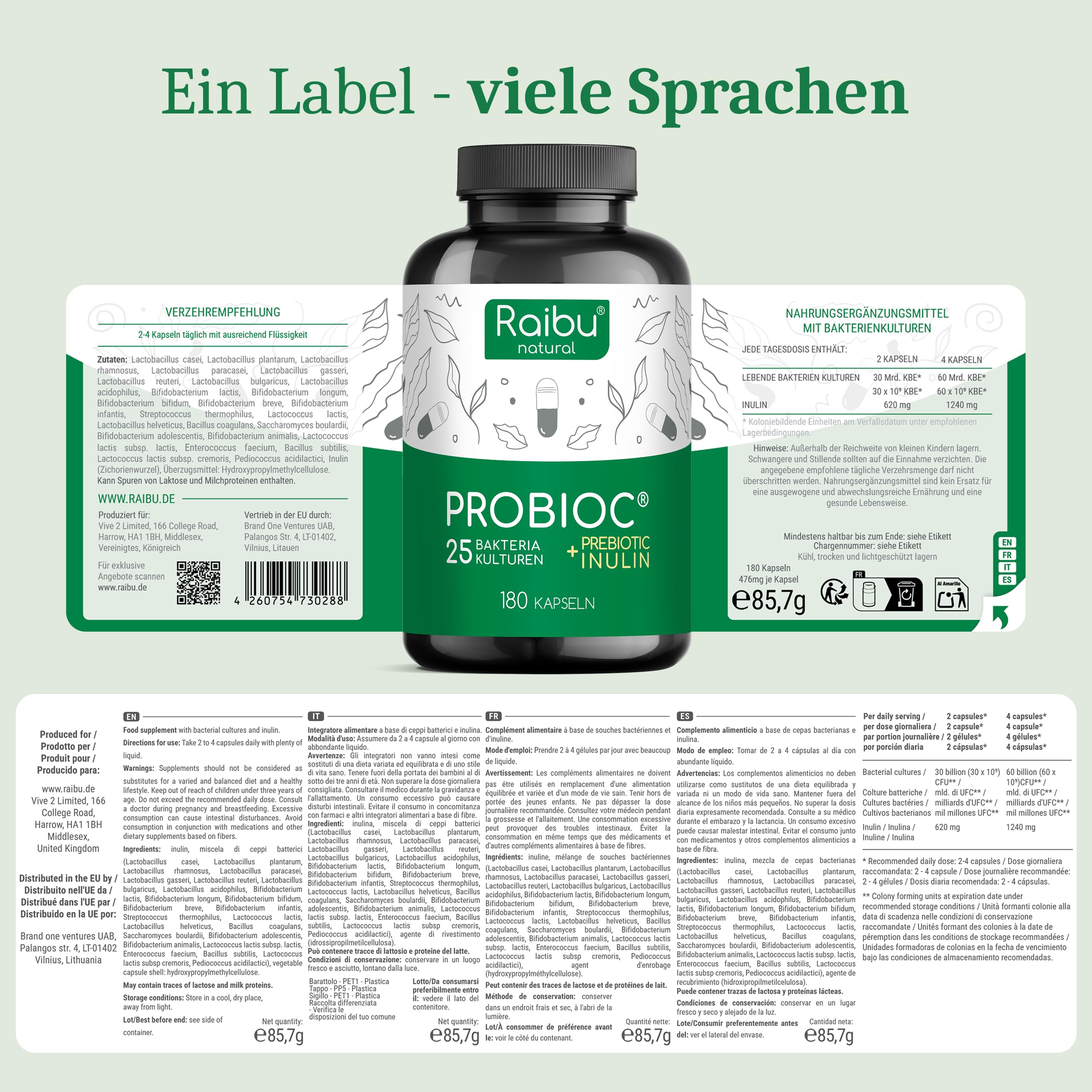 Probioc Kulturen Komplex - 25 Bakterienstämme + Inulin - 300 Mrd. KBE/g - 180 hochdosierte & magensaftresistente Kapseln - mit Lactobacillus & Bifidobakterien - Raibu