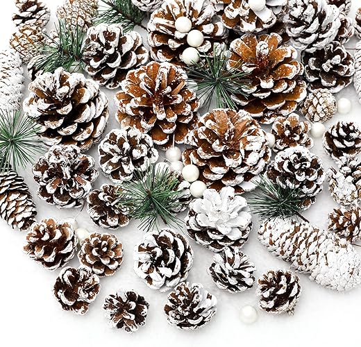 Whaline 170Pcs Christmas Pine Cones Berry Pine Branch Set Snow Pinecones Pendant White Winter Holiday Ornament for DIY Crafts Home Decorations Xmas Tree Gift Tag Party Supplies, Assorted Sizes
