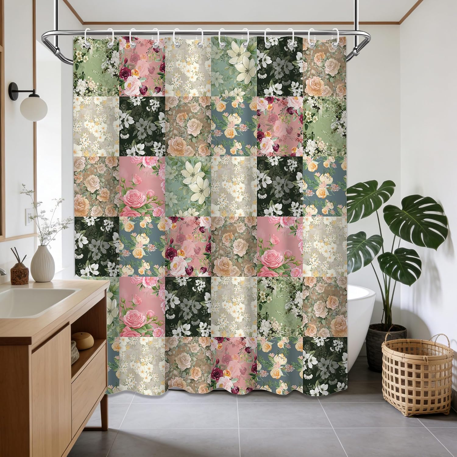 Patchwork Floral Shower Curtain Boho Flower Vintage Quilt Shower Curtains for Bathroom Decor, Waterproof Cloth Fabric with Hooks 70" W x 84" L
