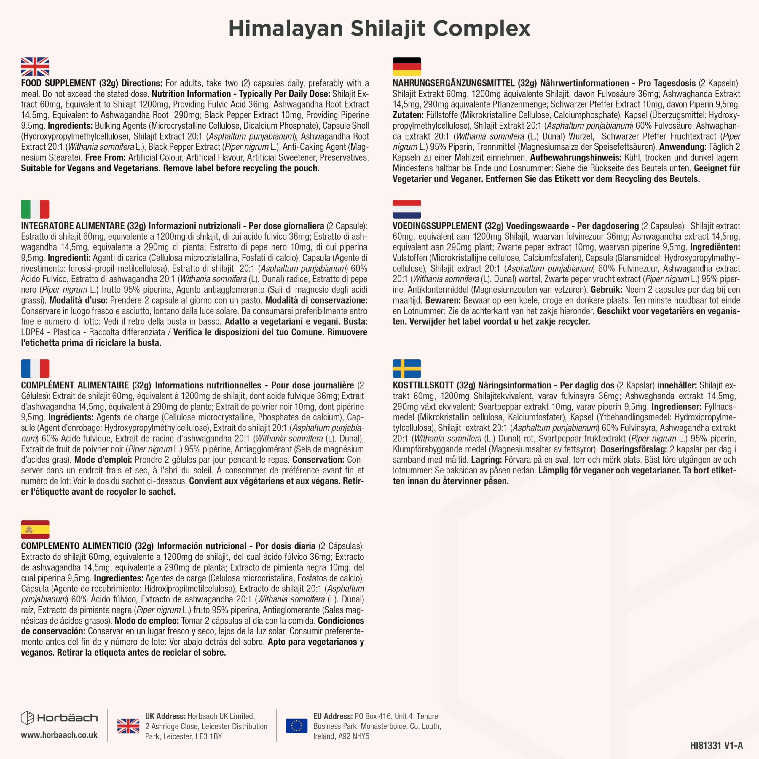 Shilajit Himalayano Puro Capsule | 1500 mg | 60% di Acido Fulvico | 120 Capsule Vegane | Integratore Alimentare di Estratto di Shilajit dalla Fonte Himalayana | Shilajit Complex | Horbaach