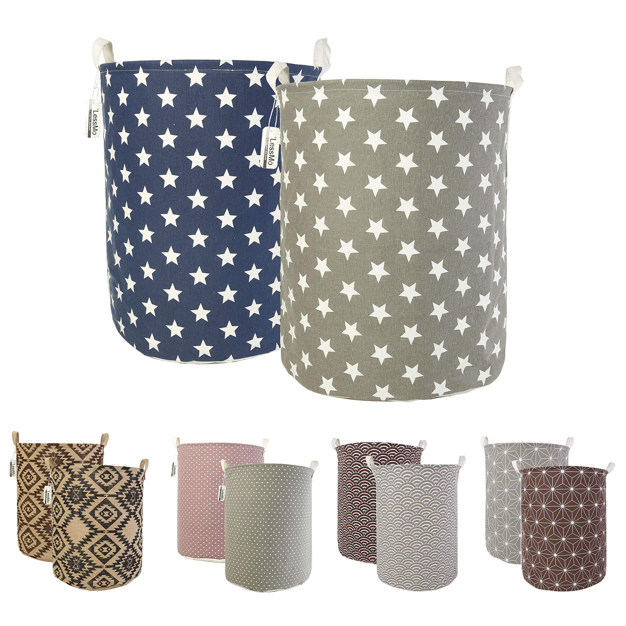 LessMo 2Pcs 19.7" Laundry Hamper, Collapsible Storage Basket With Easy Carry Handles, Waterproof Round Cotton Linen, for Baby Products, Toys, Bedroom Hamper