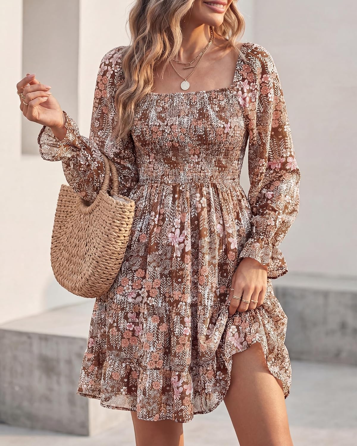 BTFBM Womens Long Sleeve Dress Summer Vacation Square Neck Smocked Floral Mini Boho Spring Wedding Guest Dresses 2026