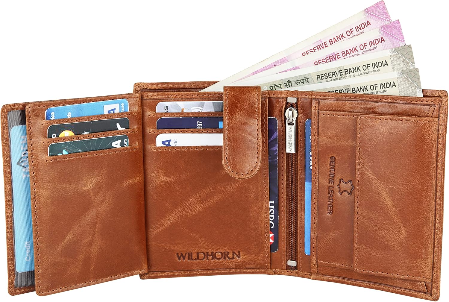 WILDHORN Top Grain Portrait Leather Wallet for Men | Ultra Strong Stitching | Handcrafted | RFID Blocking | 2 ID Slots | 11 Card Slots | Zip Compartment, Tan Crunch, Classic
