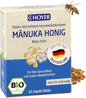 HOYER Manuka Honig 12 Liquid-Sticks BIO-zertifiziert - MGO 250+ | mit natürlichem Vitamin C - BIO Manuka Honig - zur Unterstützung des Immunsystems