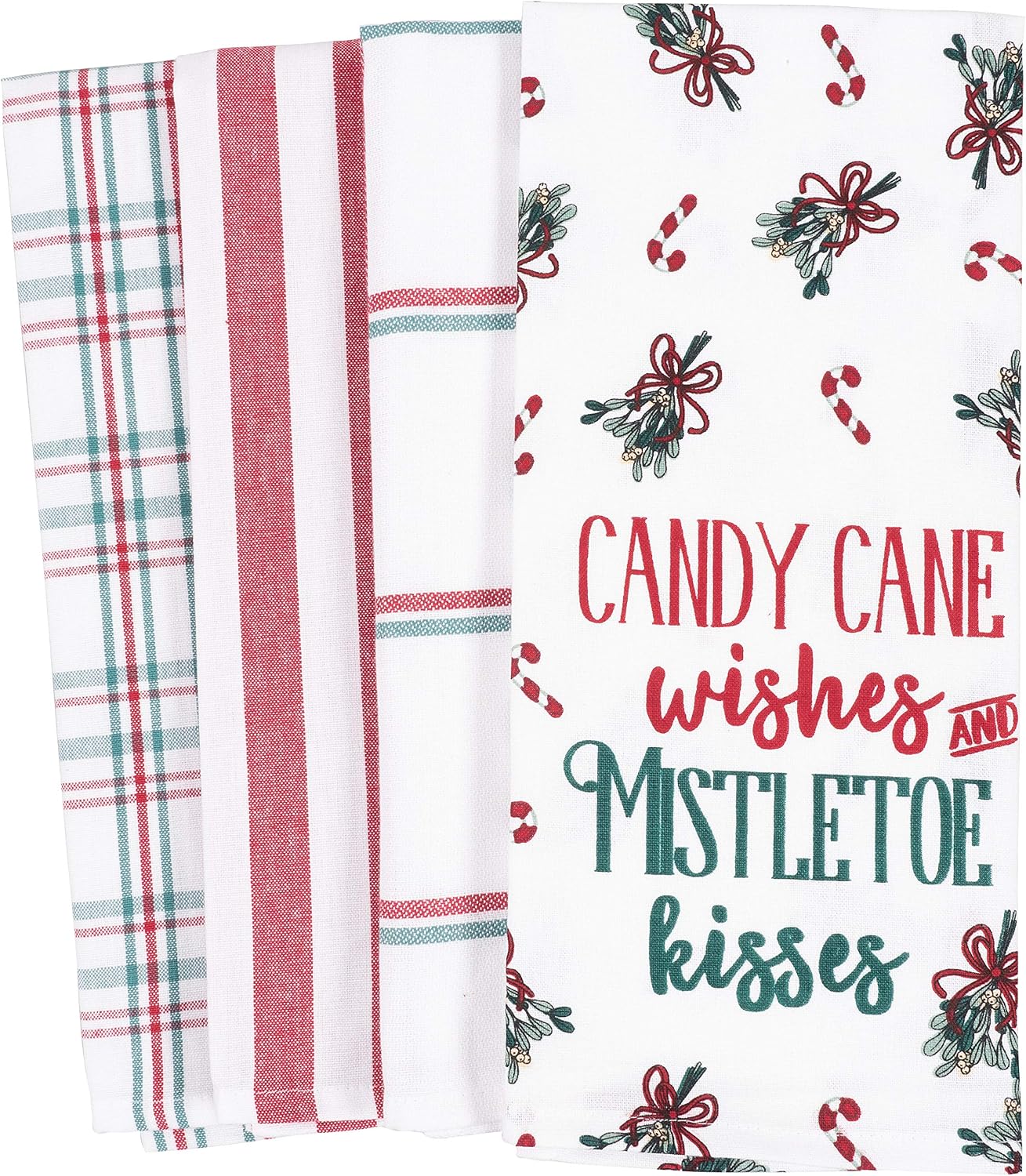 KAF Home Pantry Kitchen Holiday Dish Towel Set of 4, 100-Percent Cotton, 18 x 28-inch (Candy Cane Wishes Mistletoe Kisses)