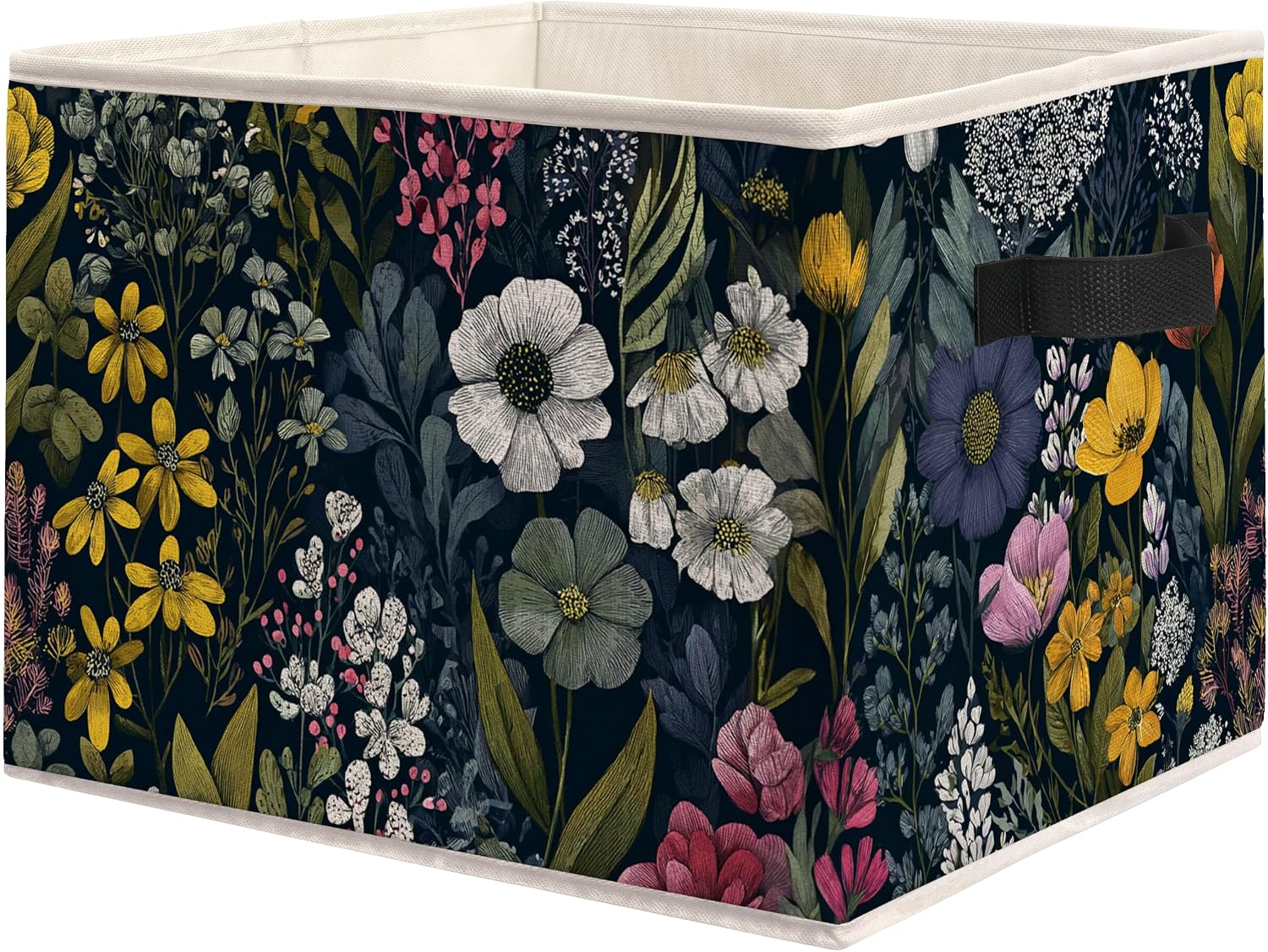 Vintage Floral Storage Bins Box, Moody Dark Cottagecore Wildflower Botanical Foldable Storage Organizer Basket with Handles for Bedroom Bathroom Home Clothes Toys Books