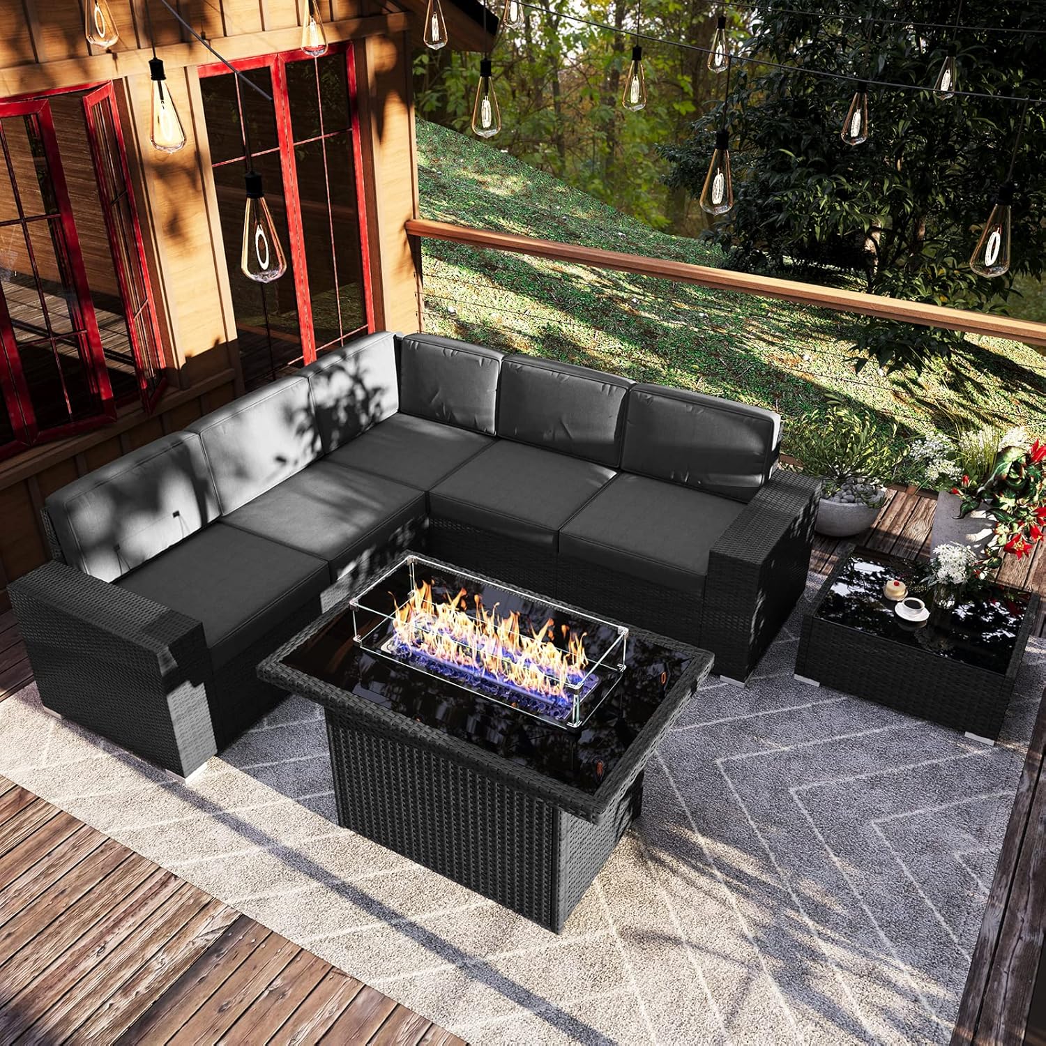 7 Pieces Patio Furniture Set with 44" Propane Gas Fire Pit Table, Outdoor Sectional Wicker Conversation Sofa Sets with Coffee Table