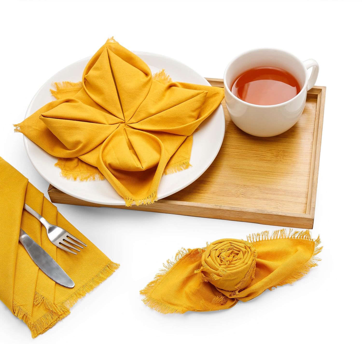 Lightnpro Cotton Napkins Set of 12, Beautiful Handmade Fringe Dinner Cloth Napkins, Washable and Reusable for Dining, Parties, Weddings, Holiday & Everyday Use - 18x18 Inch Mustard
