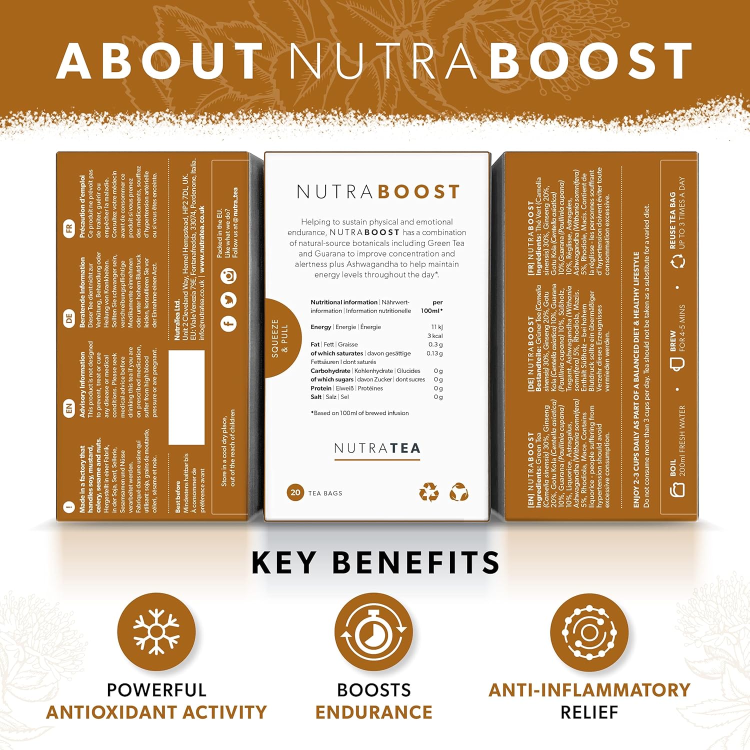 NUTRABOOST - Energy Tea | Focus Tea – Includes Astragalus, Ashwagandha & Gotu Kola - Naturally Caffeine-Free and Sugar-Free - 60 Enveloped Tea Bags - by Nutra Tea - Herbal Tea - (3 Pack)
