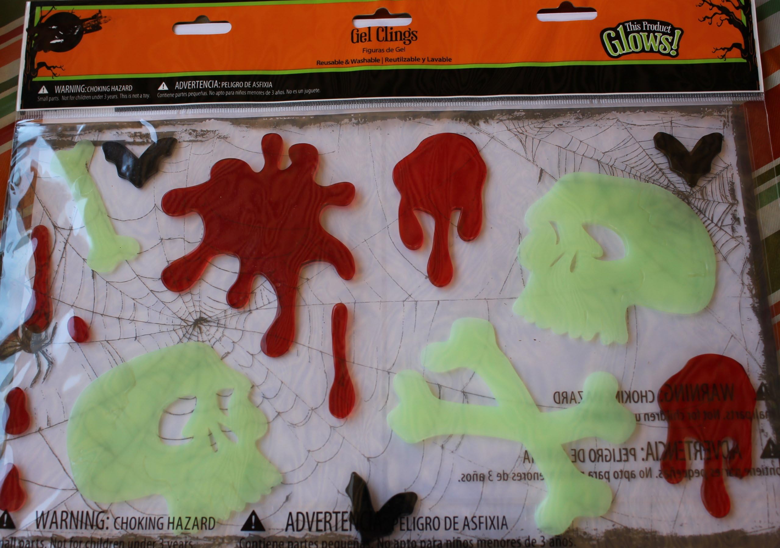1 Glows in the Dark Window Gel Art, Halloween Skull, Blood and Bones