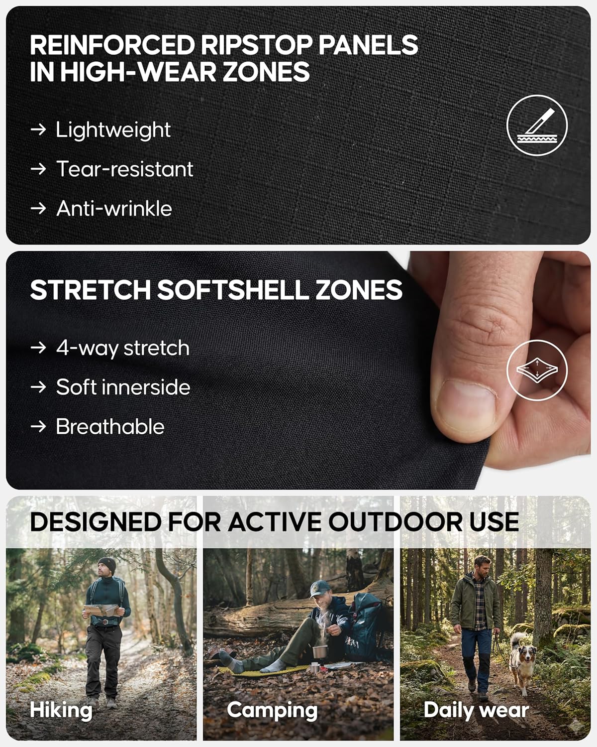 DANISH ENDURANCE Hiking Pants for Men, Softshell Lightweight Water-Resistant Outdoor Trousers with Stretch and Cargo Pockets